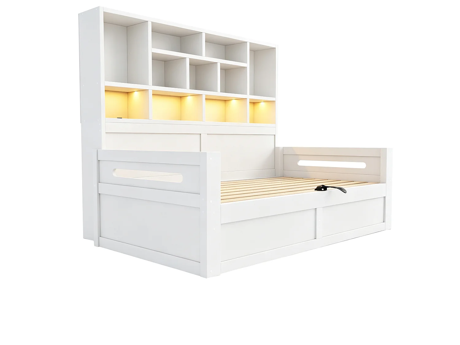Canapé-lit coffre en bois 90 x 200 cm - avec lumière LED - avec prise électrique - blanc (matelas non inclus)