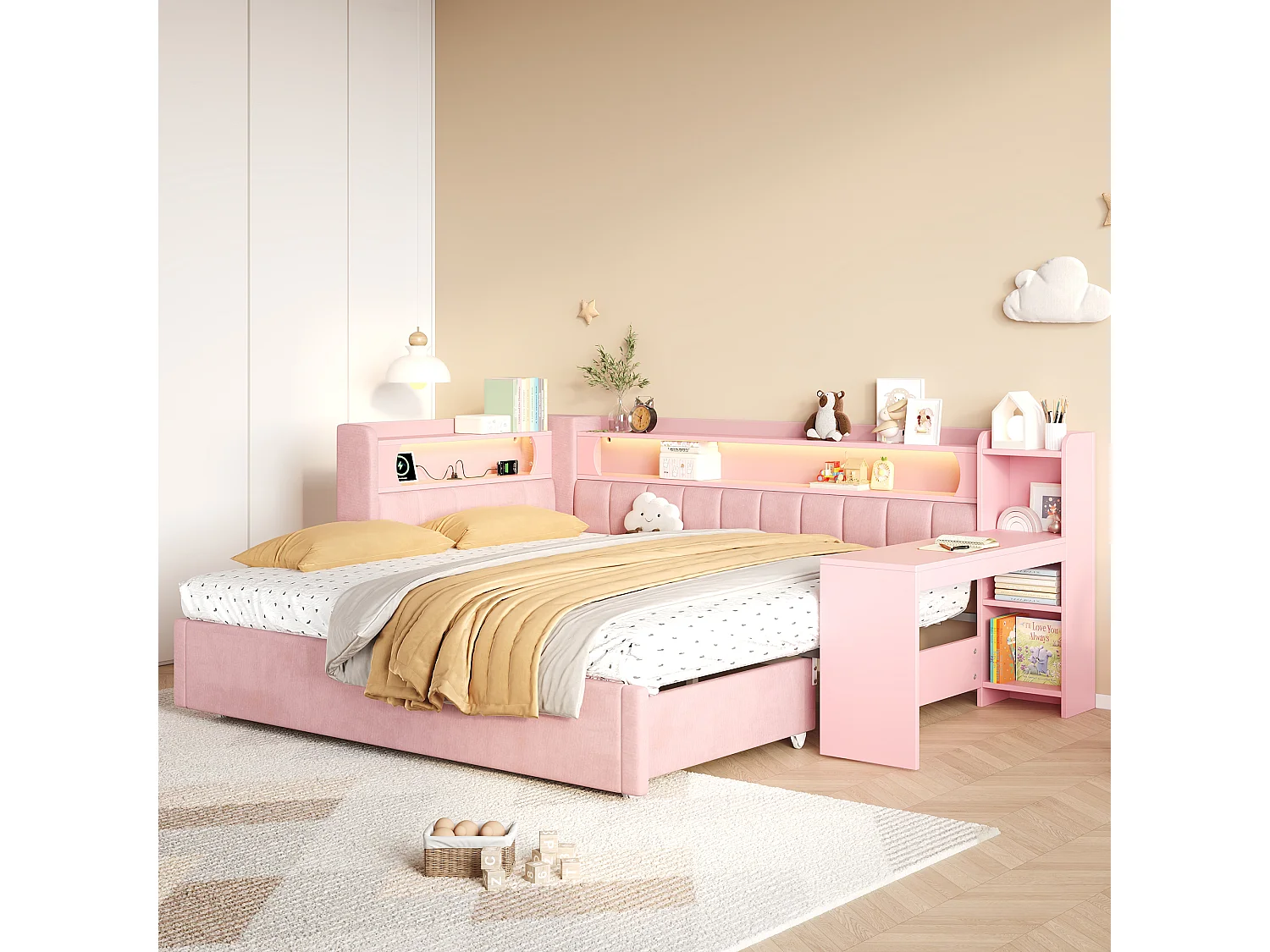 Canapé-lit capitonné 90x200 à 180x200 cm - Lit gigogne et bureau - avec port USB et éclairage LED - Rose(matelas non inclus)