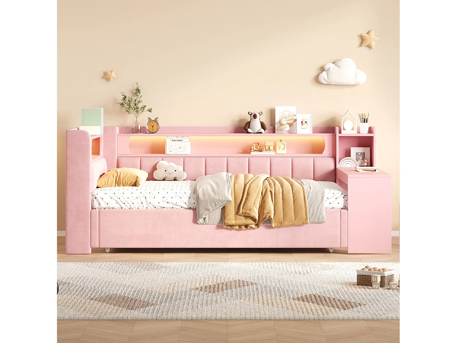 Canapé-lit capitonné 90x200 à 180x200 cm - Lit gigogne et bureau - avec port USB et éclairage LED - Rose(matelas non inclus)