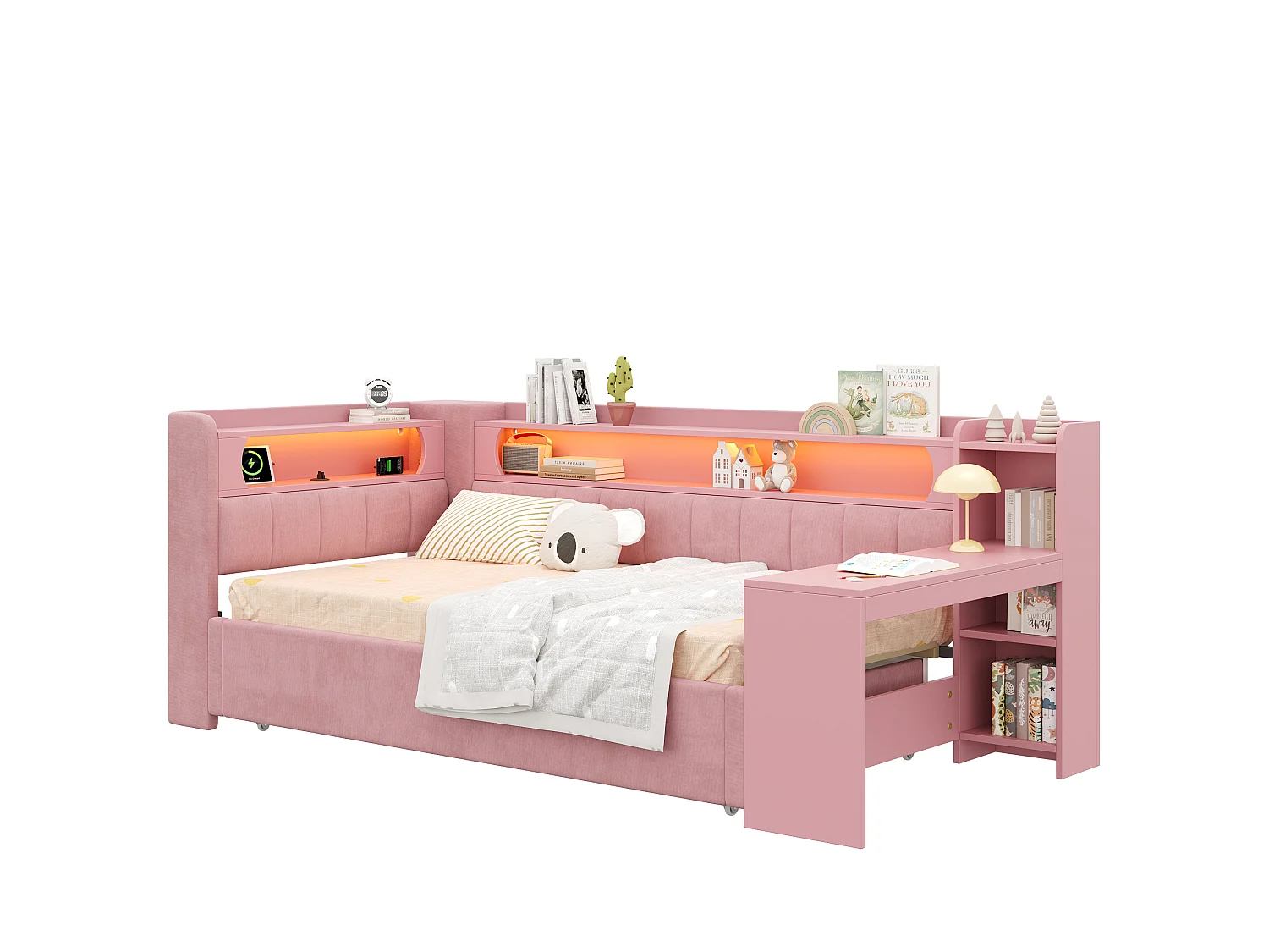 Canapé-lit capitonné 90x200 à 180x200 cm - Lit gigogne et bureau - avec port USB et éclairage LED - Rose(matelas non inclus)
