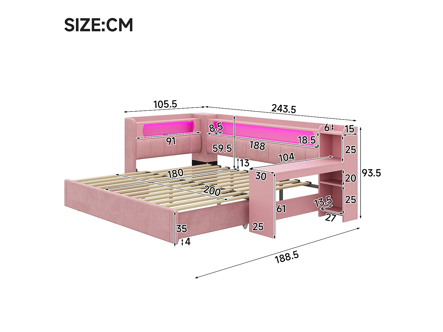 Canapé-lit capitonné 90x200 à 180x200 cm - Lit gigogne et bureau - avec port USB et éclairage LED - Rose(matelas non inclus)