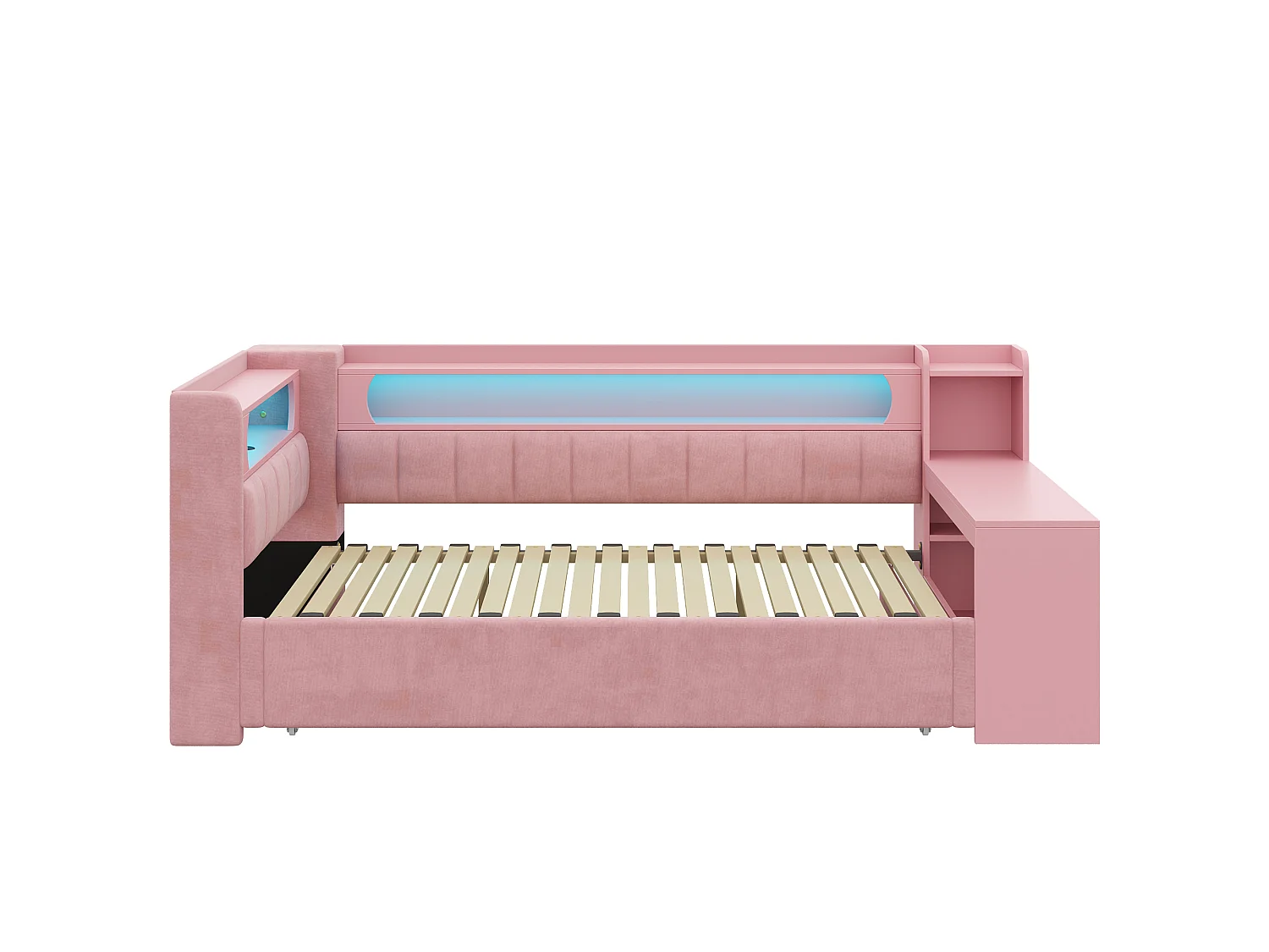 Canapé-lit capitonné 90x200 à 180x200 cm - Lit gigogne et bureau - avec port USB et éclairage LED - Rose(matelas non inclus)