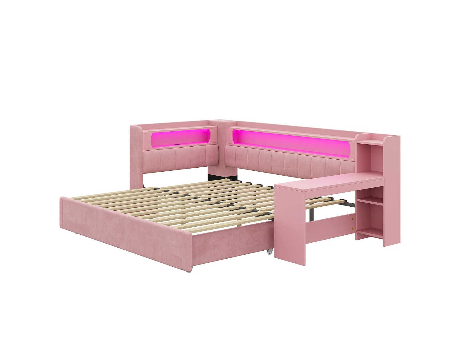 Canapé-lit capitonné 90x200 à 180x200 cm - Lit gigogne et bureau - avec port USB et éclairage LED - Rose(matelas non inclus)