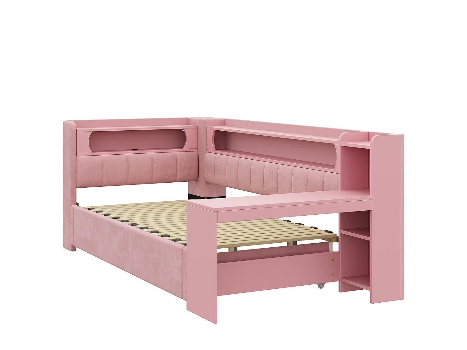 Canapé-lit capitonné 90x200 à 180x200 cm - Lit gigogne et bureau - avec port USB et éclairage LED - Rose(matelas non inclus)