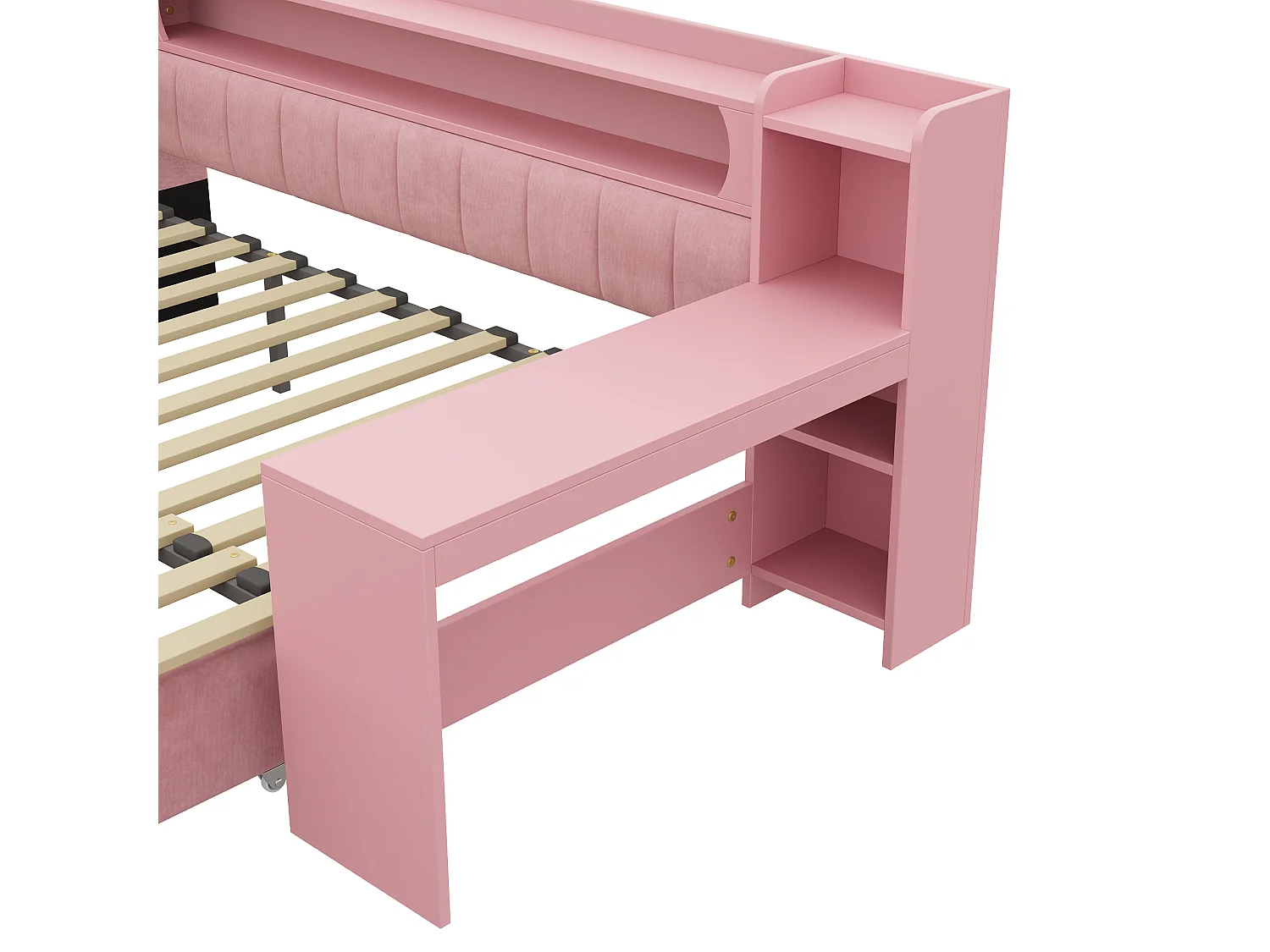 Canapé-lit capitonné 90x200 à 180x200 cm - Lit gigogne et bureau - avec port USB et éclairage LED - Rose(matelas non inclus)
