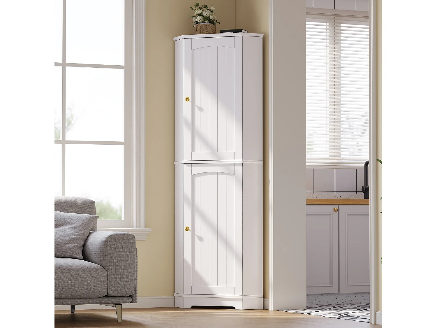 Hörnskåp för kök 42x42x166cm - med 2 dörrar - med justerbar hylla - Vit