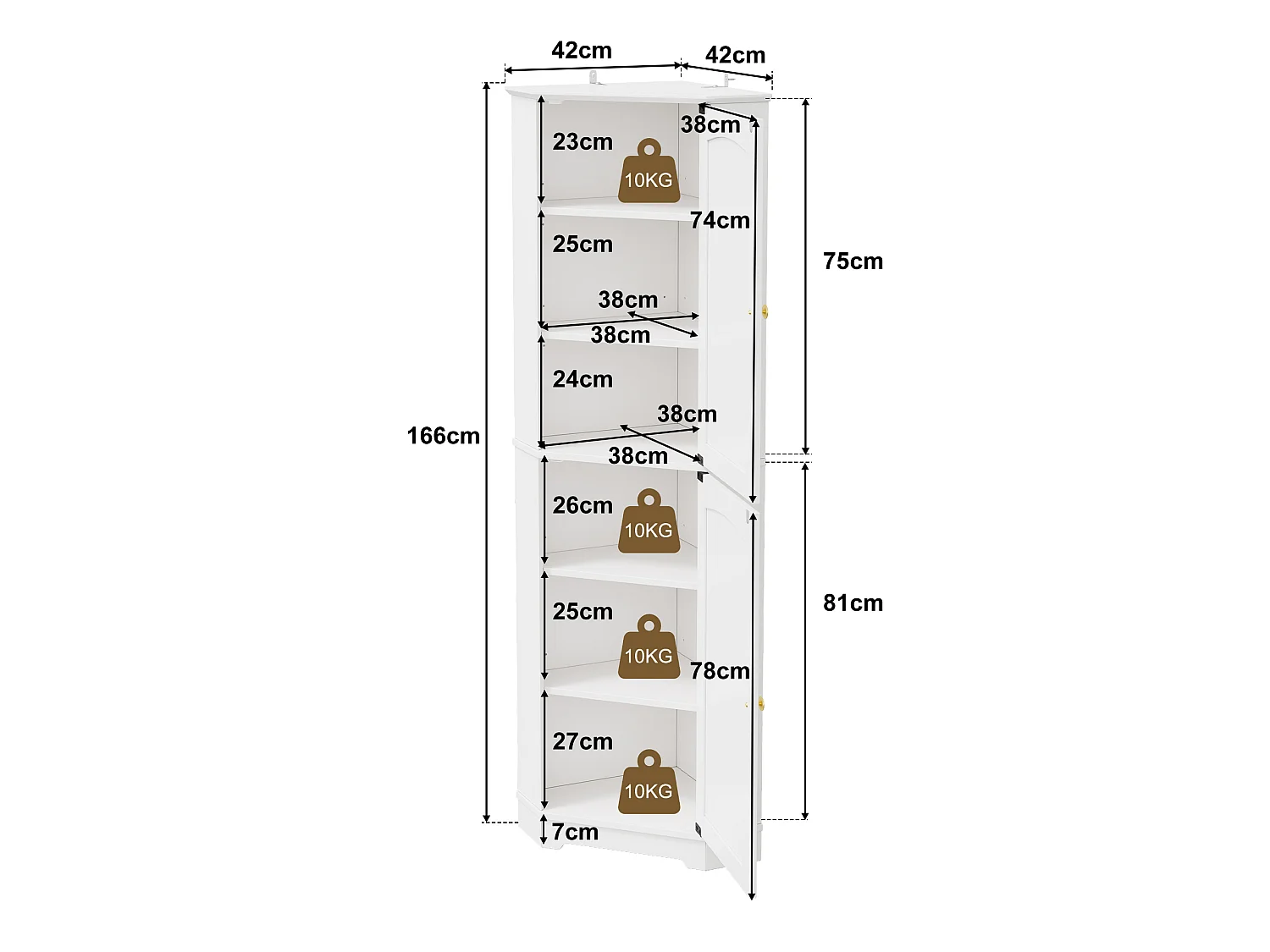 Hörnskåp för kök 42x42x166cm - med 2 dörrar - med justerbar hylla - Vit