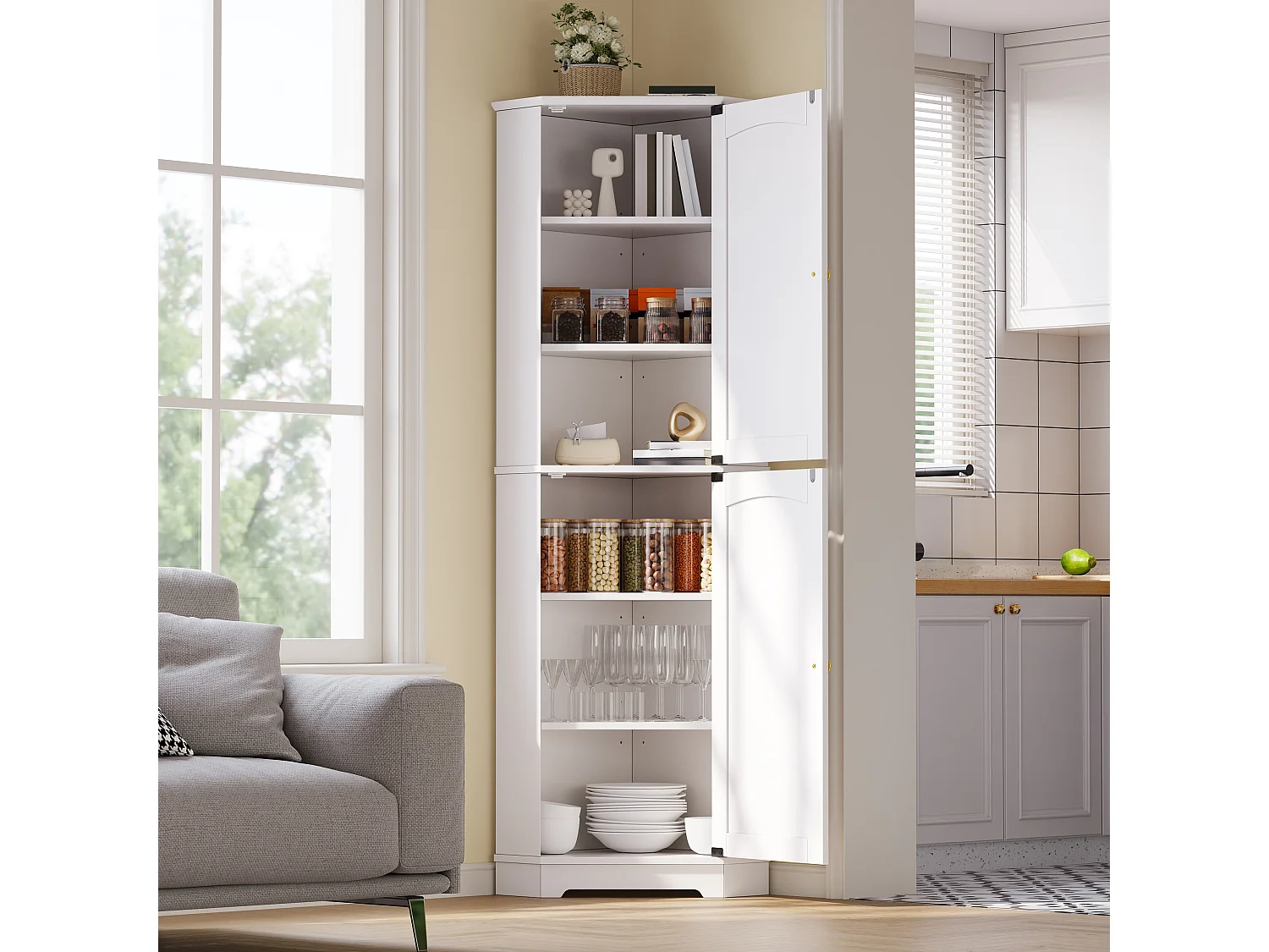 Hörnskåp för kök 42x42x166cm - med 2 dörrar - med justerbar hylla - Vit