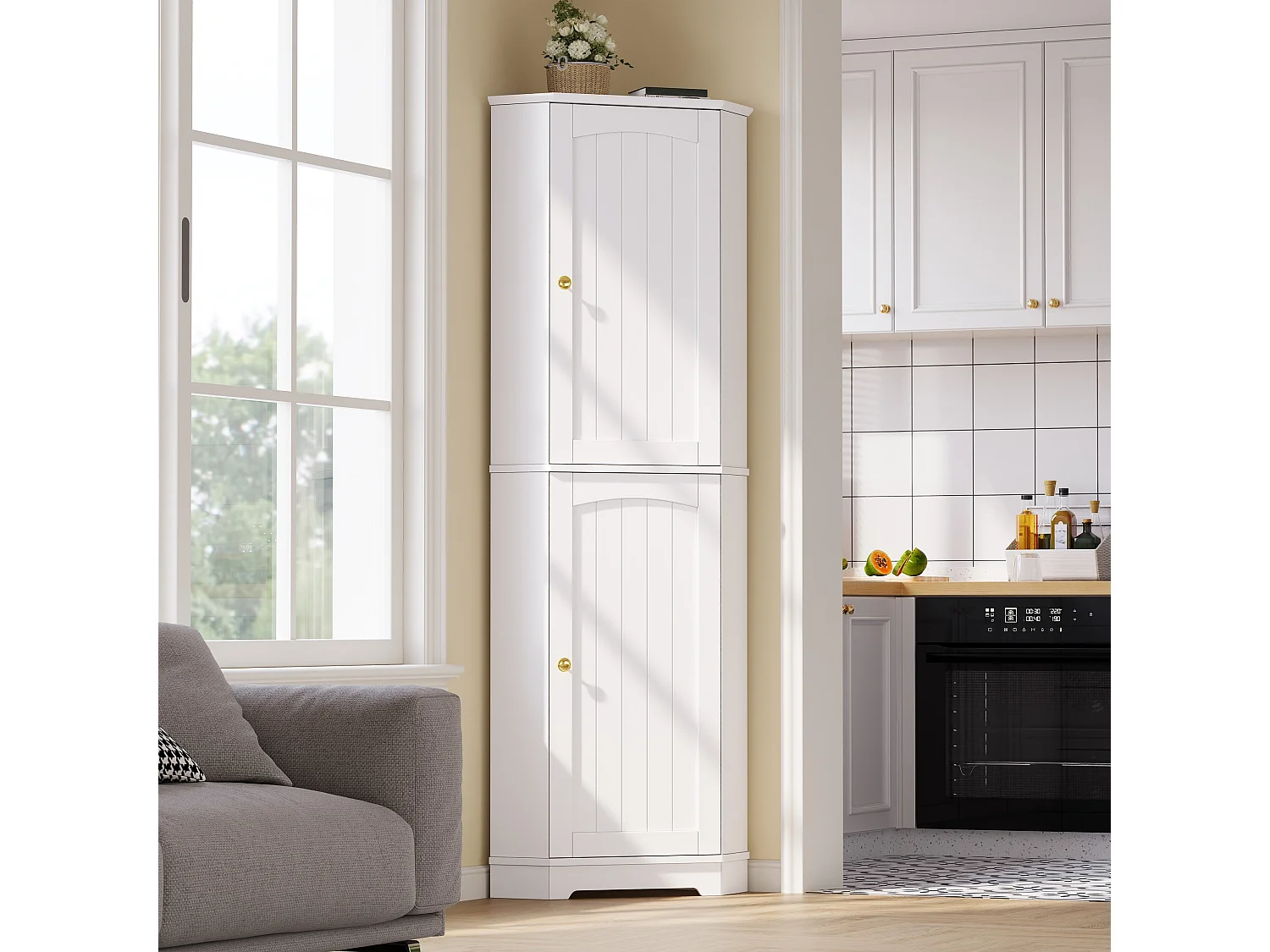 Hörnskåp för kök 42x42x166cm - med 2 dörrar - med justerbar hylla - Vit