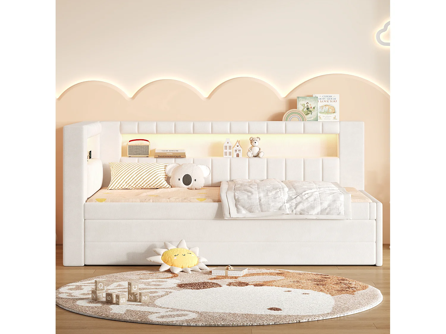 Canapé-lit capitonné 90 x 200 cm - avec lit gigogne et 3 tiroirs - Avec port USB et éclairage LED - MDF - Blanc (sans matelas)