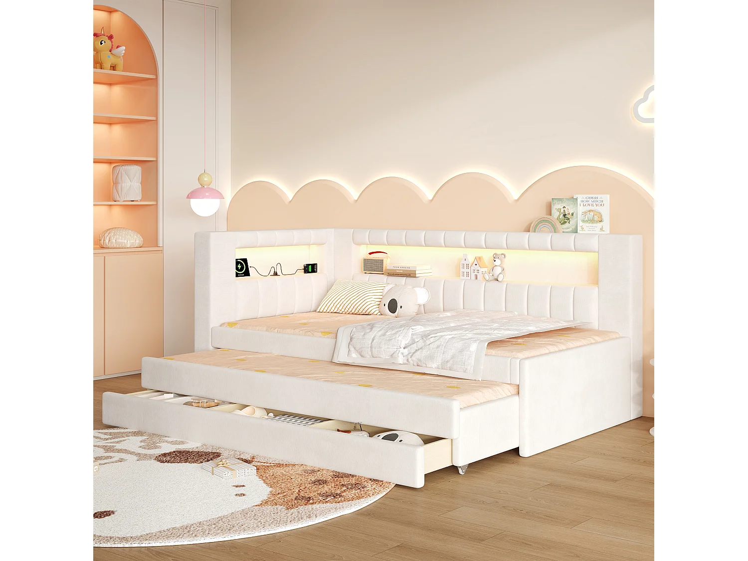 Canapé-lit capitonné 90 x 200 cm - avec lit gigogne et 3 tiroirs - Avec port USB et éclairage LED - MDF - Blanc (sans matelas)
