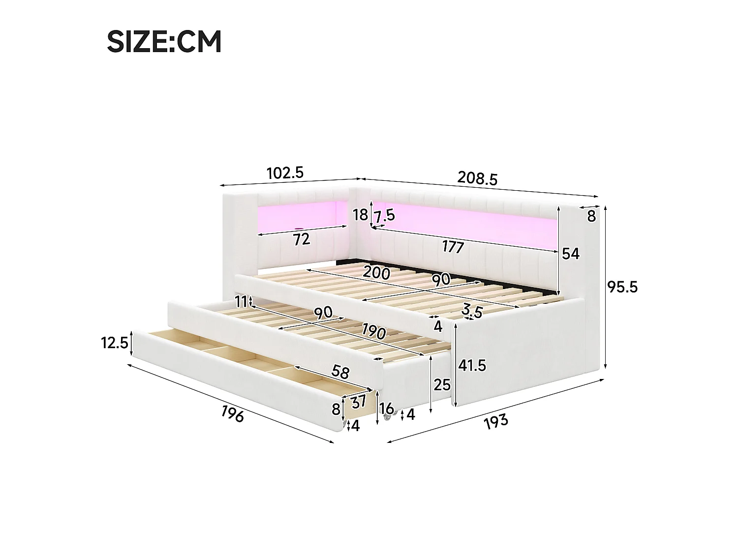 Canapé-lit capitonné 90 x 200 cm - avec lit gigogne et 3 tiroirs - Avec port USB et éclairage LED - MDF - Blanc (sans matelas)