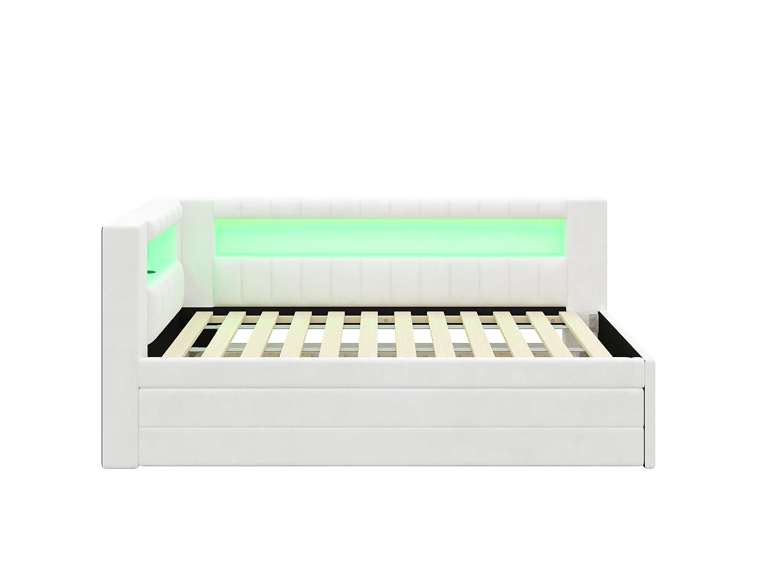 Canapé-lit capitonné 90 x 200 cm - avec lit gigogne et 3 tiroirs - Avec port USB et éclairage LED - MDF - Blanc (sans matelas)