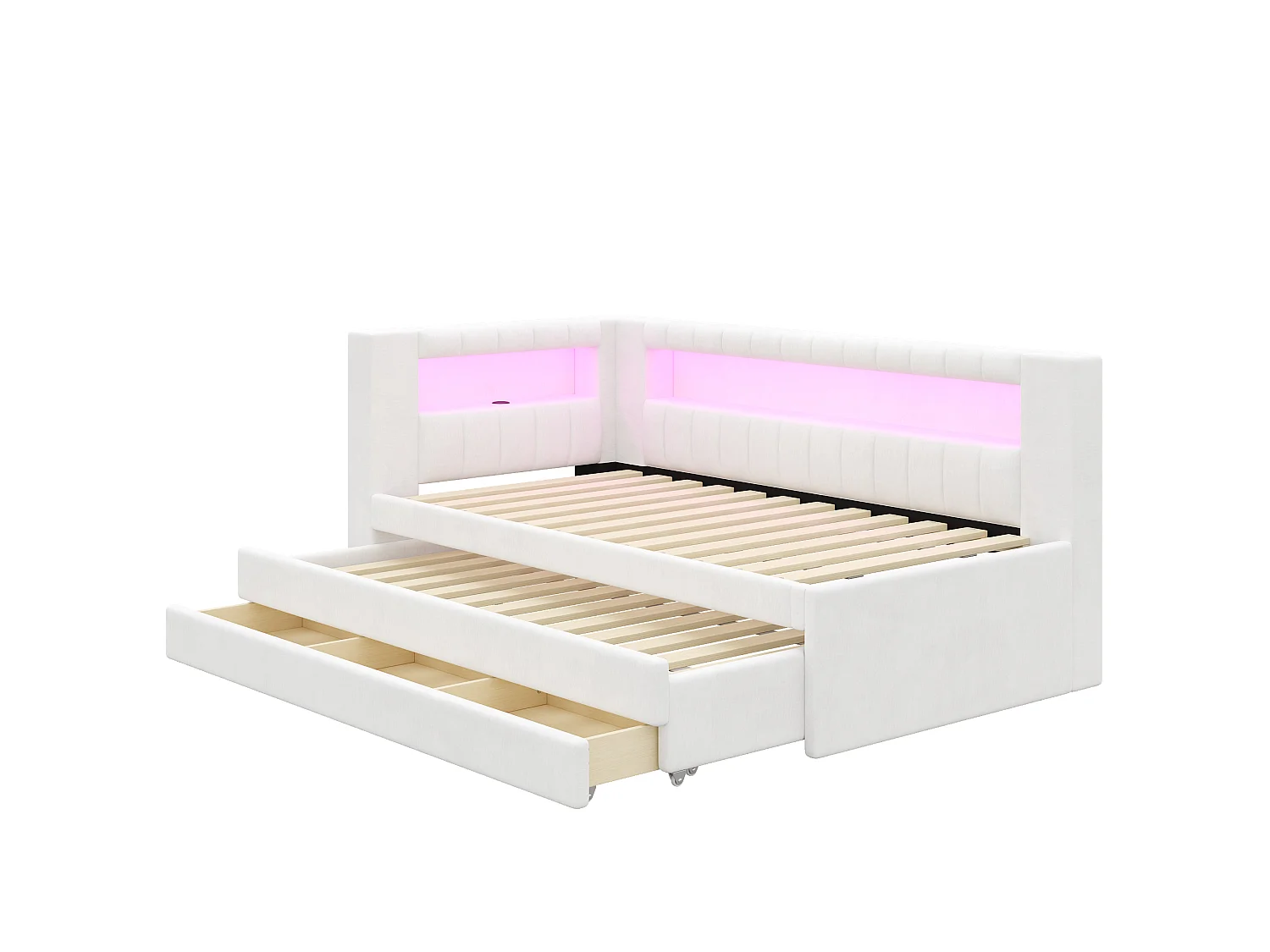 Canapé-lit capitonné 90 x 200 cm - avec lit gigogne et 3 tiroirs - Avec port USB et éclairage LED - MDF - Blanc (sans matelas)