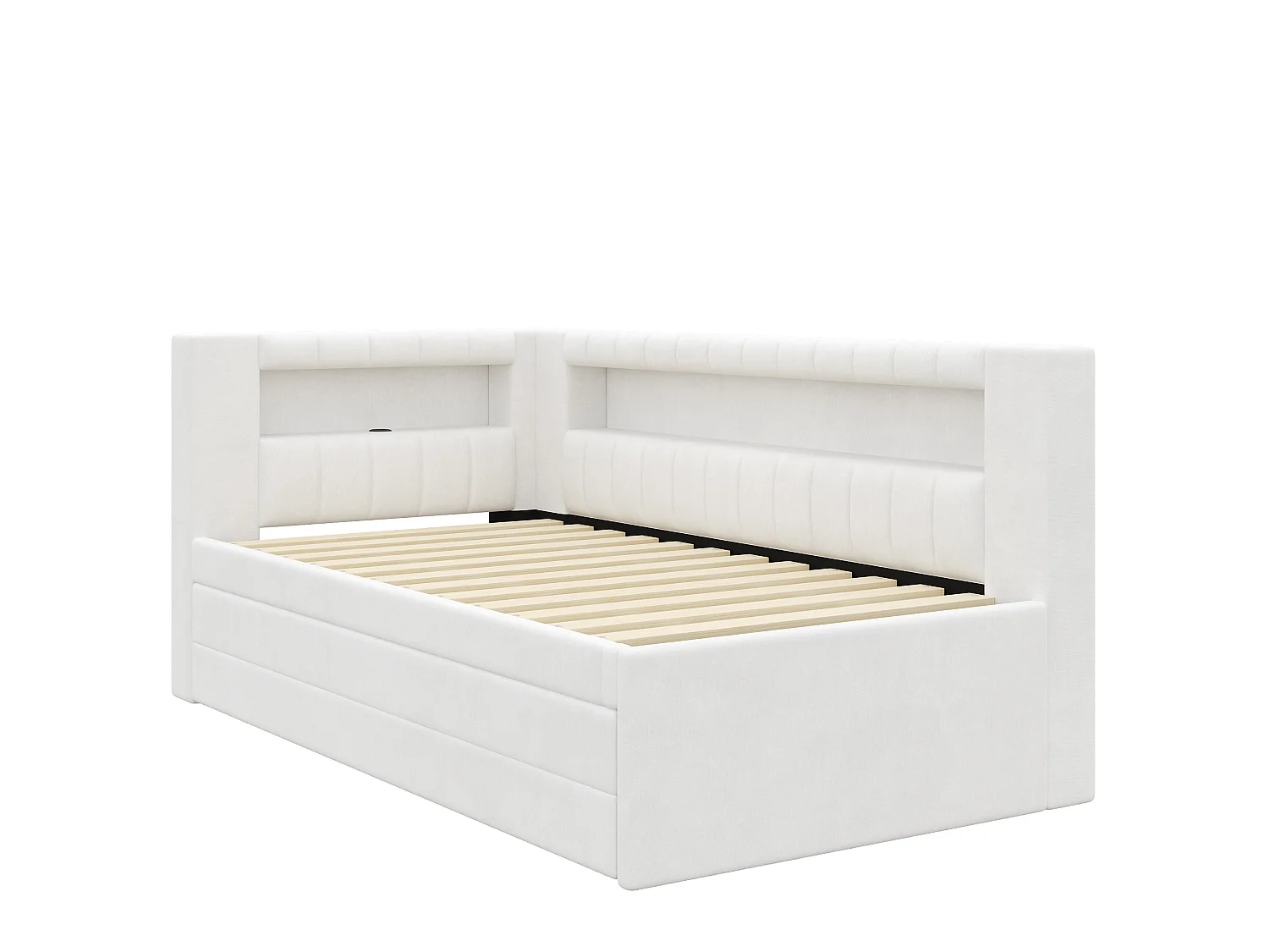 Canapé-lit capitonné 90 x 200 cm - avec lit gigogne et 3 tiroirs - Avec port USB et éclairage LED - MDF - Blanc (sans matelas)