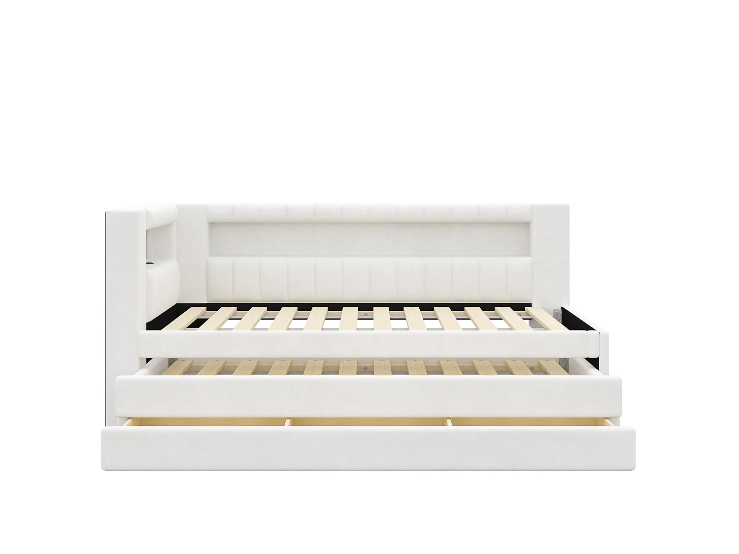 Canapé-lit capitonné 90 x 200 cm - avec lit gigogne et 3 tiroirs - Avec port USB et éclairage LED - MDF - Blanc (sans matelas)