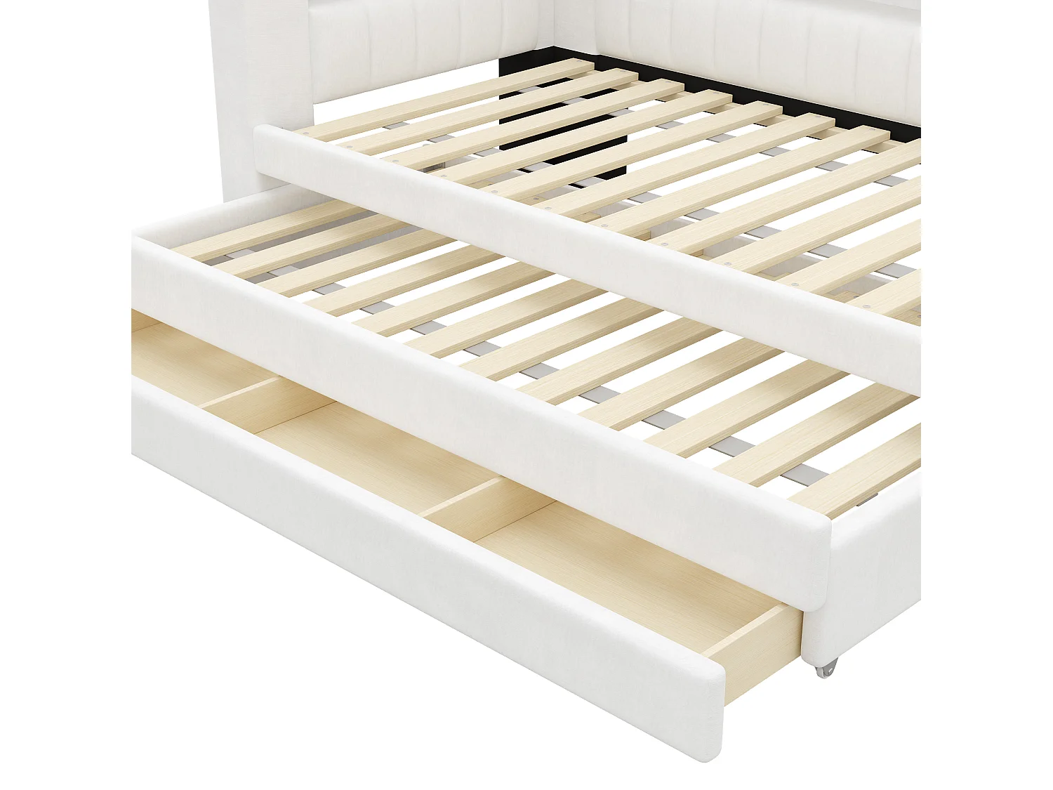 Canapé-lit capitonné 90 x 200 cm - avec lit gigogne et 3 tiroirs - Avec port USB et éclairage LED - MDF - Blanc (sans matelas)