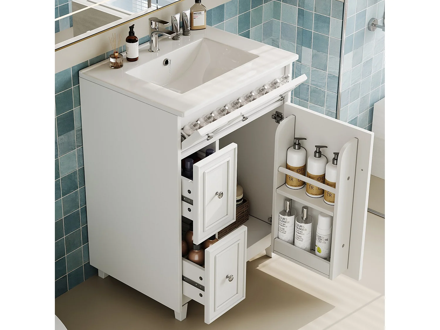 Mueble de baño con lavabo de cerámica - con 3 cajones y 1 puerta - Resistente a la humedad - Blanco (Grifería no incluida)