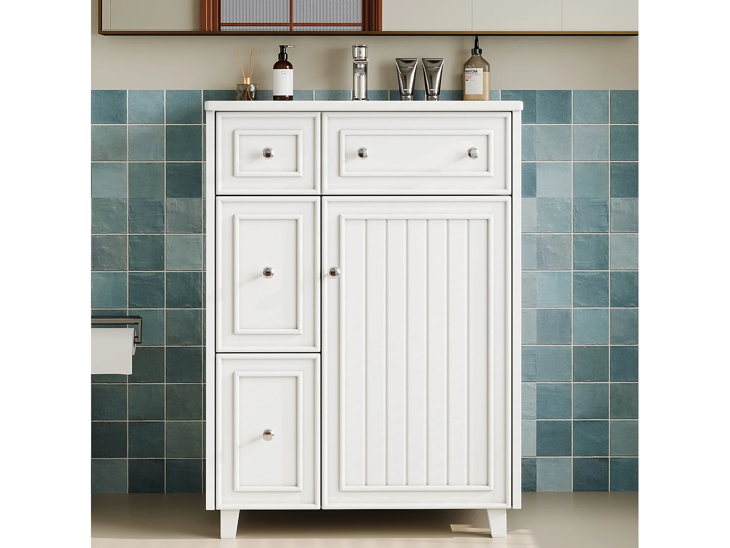 Mueble de baño con lavabo de cerámica - con 3 cajones y 1 puerta - Resistente a la humedad - Blanco (Grifería no incluida)