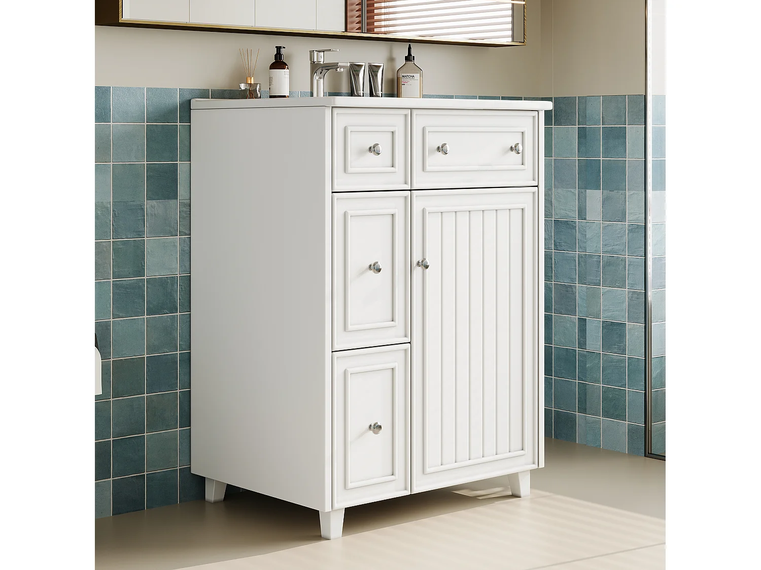Mueble de baño con lavabo de cerámica - con 3 cajones y 1 puerta - Resistente a la humedad - Blanco (Grifería no incluida)