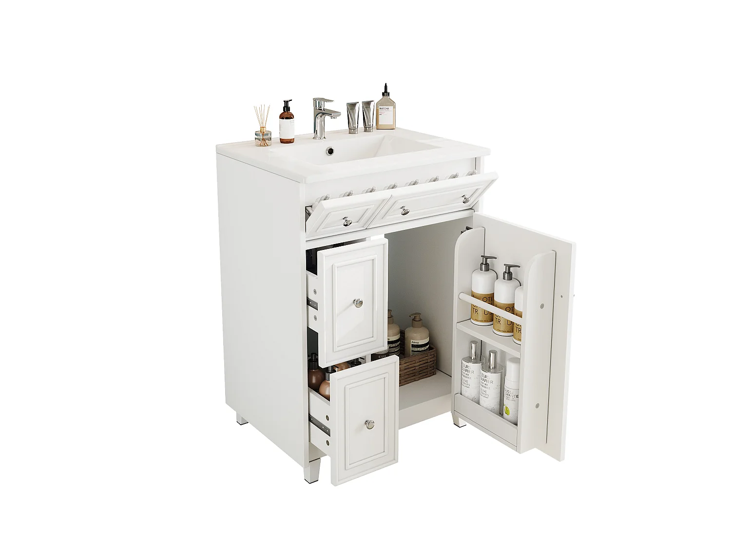 Mueble de baño con lavabo de cerámica - con 3 cajones y 1 puerta - Resistente a la humedad - Blanco (Grifería no incluida)