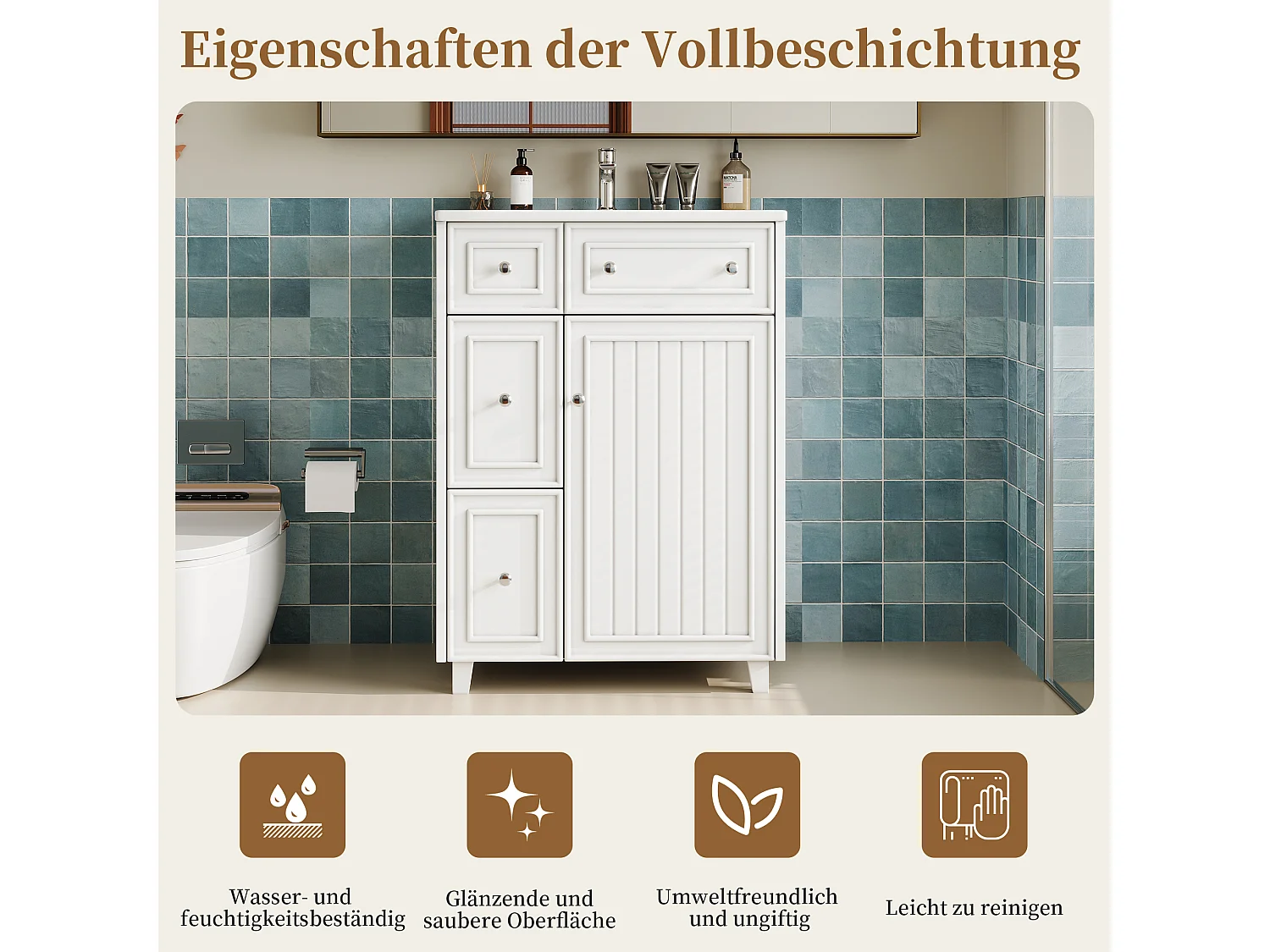 Mueble de baño con lavabo de cerámica - con 3 cajones y 1 puerta - Resistente a la humedad - Blanco (Grifería no incluida)