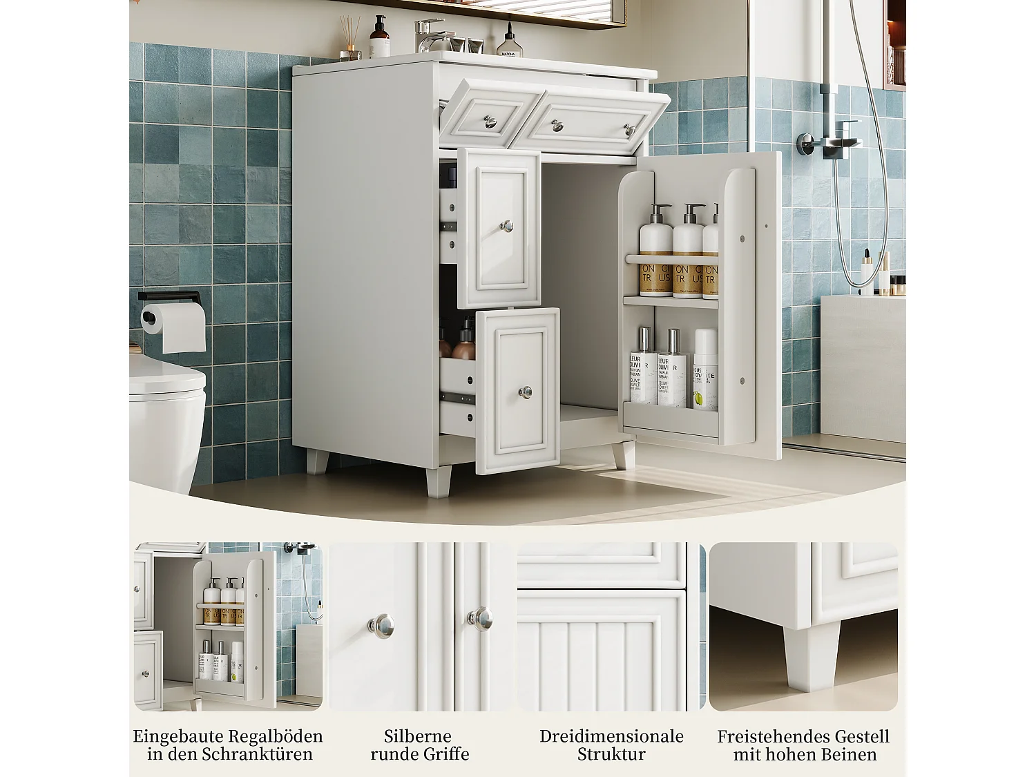 Mueble de baño con lavabo de cerámica - con 3 cajones y 1 puerta - Resistente a la humedad - Blanco (Grifería no incluida)