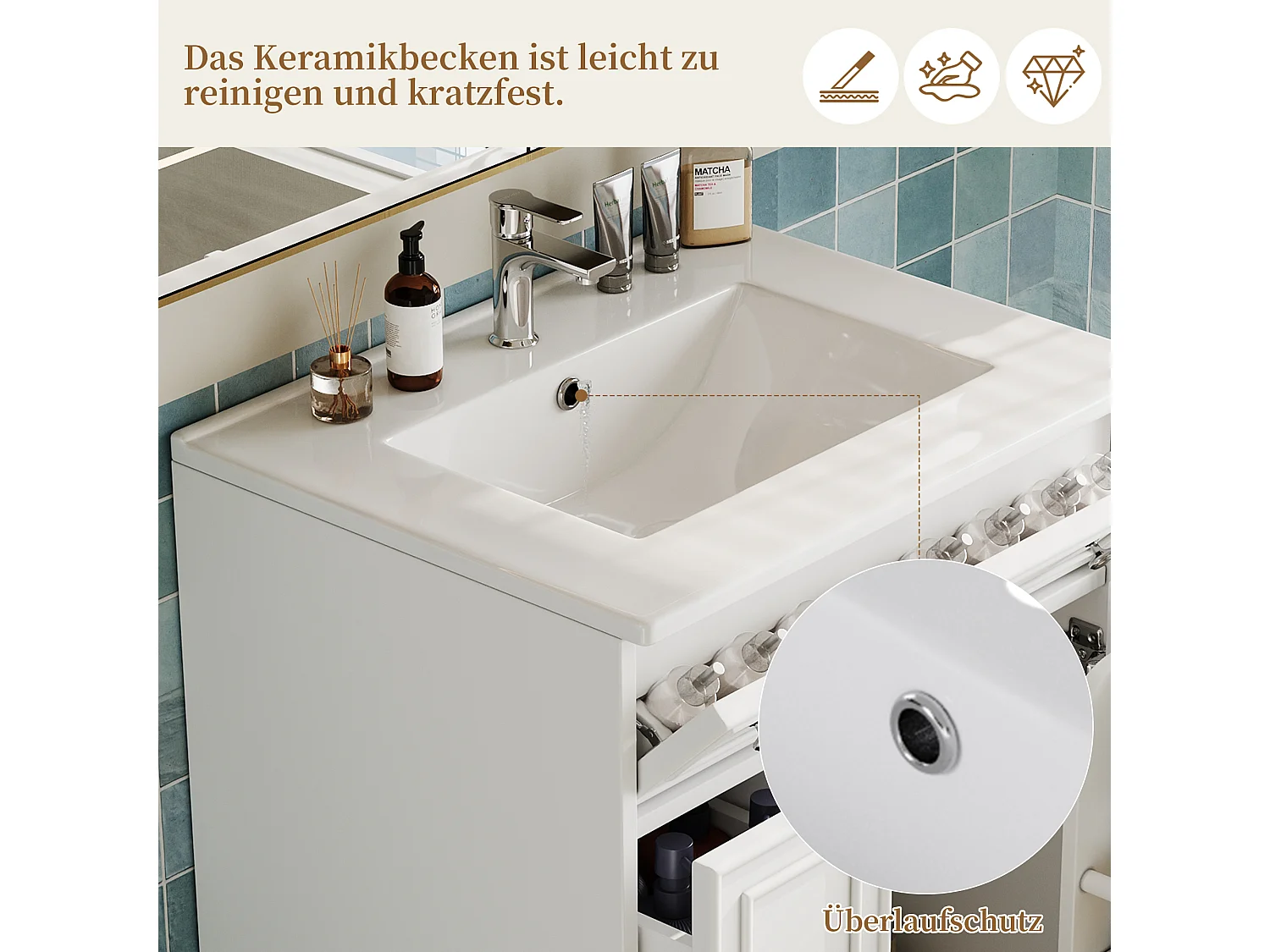 Mueble de baño con lavabo de cerámica - con 3 cajones y 1 puerta - Resistente a la humedad - Blanco (Grifería no incluida)