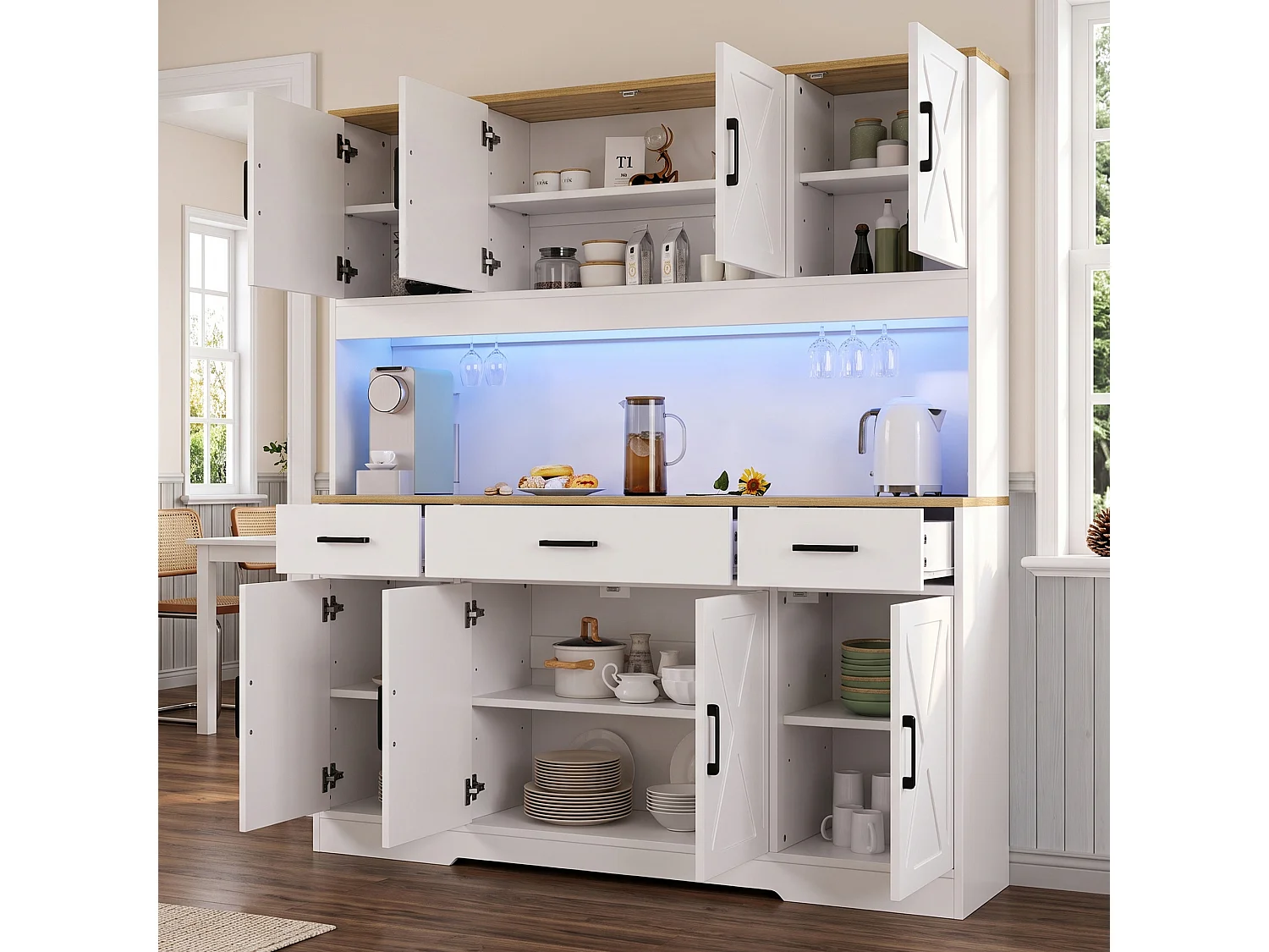 Köksbuffé 150x40x180 cm - med LED och USB-port - 8 dörrar och 3 lådor - 2 vinställ - Vit och ek