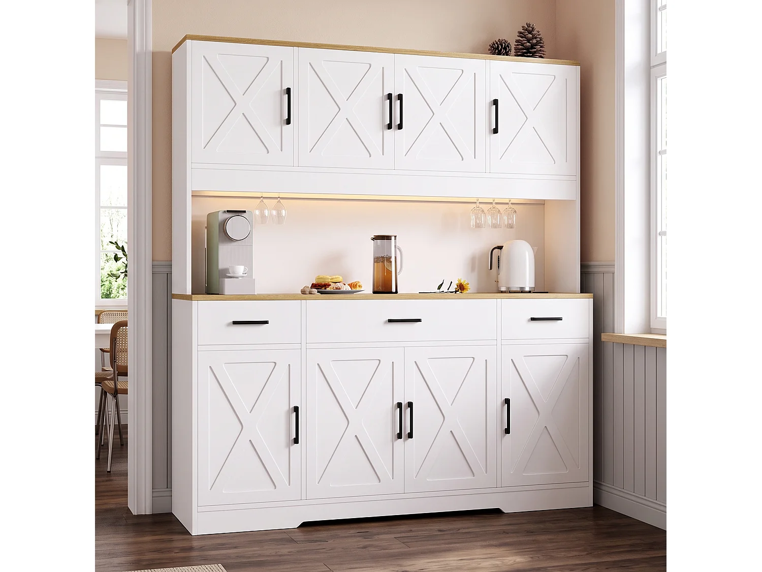 Köksbuffé 150x40x180 cm - med LED och USB-port - 8 dörrar och 3 lådor - 2 vinställ - Vit och ek