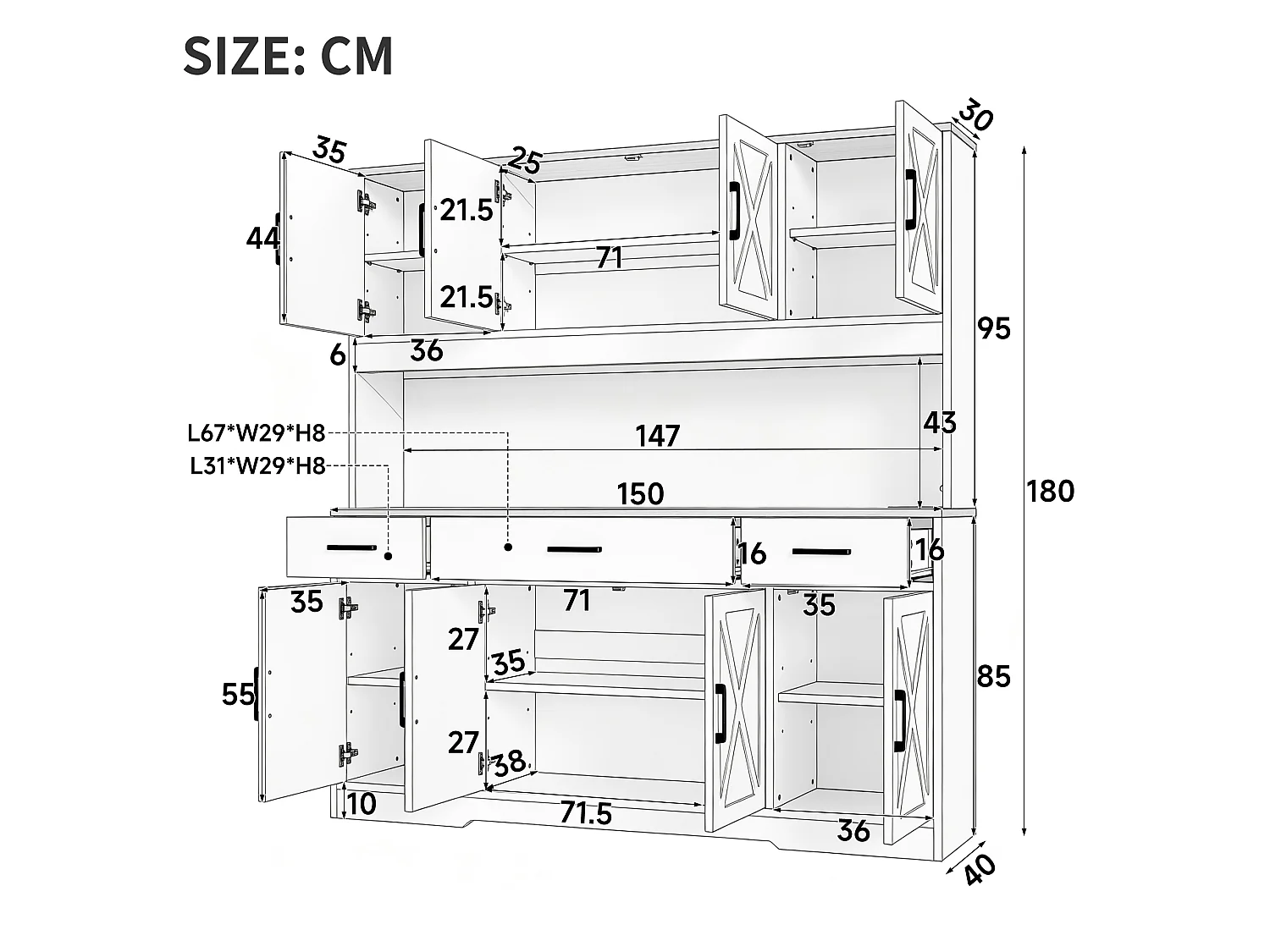 Köksbuffé 150x40x180 cm - med LED och USB-port - 8 dörrar och 3 lådor - 2 vinställ - Vit och ek