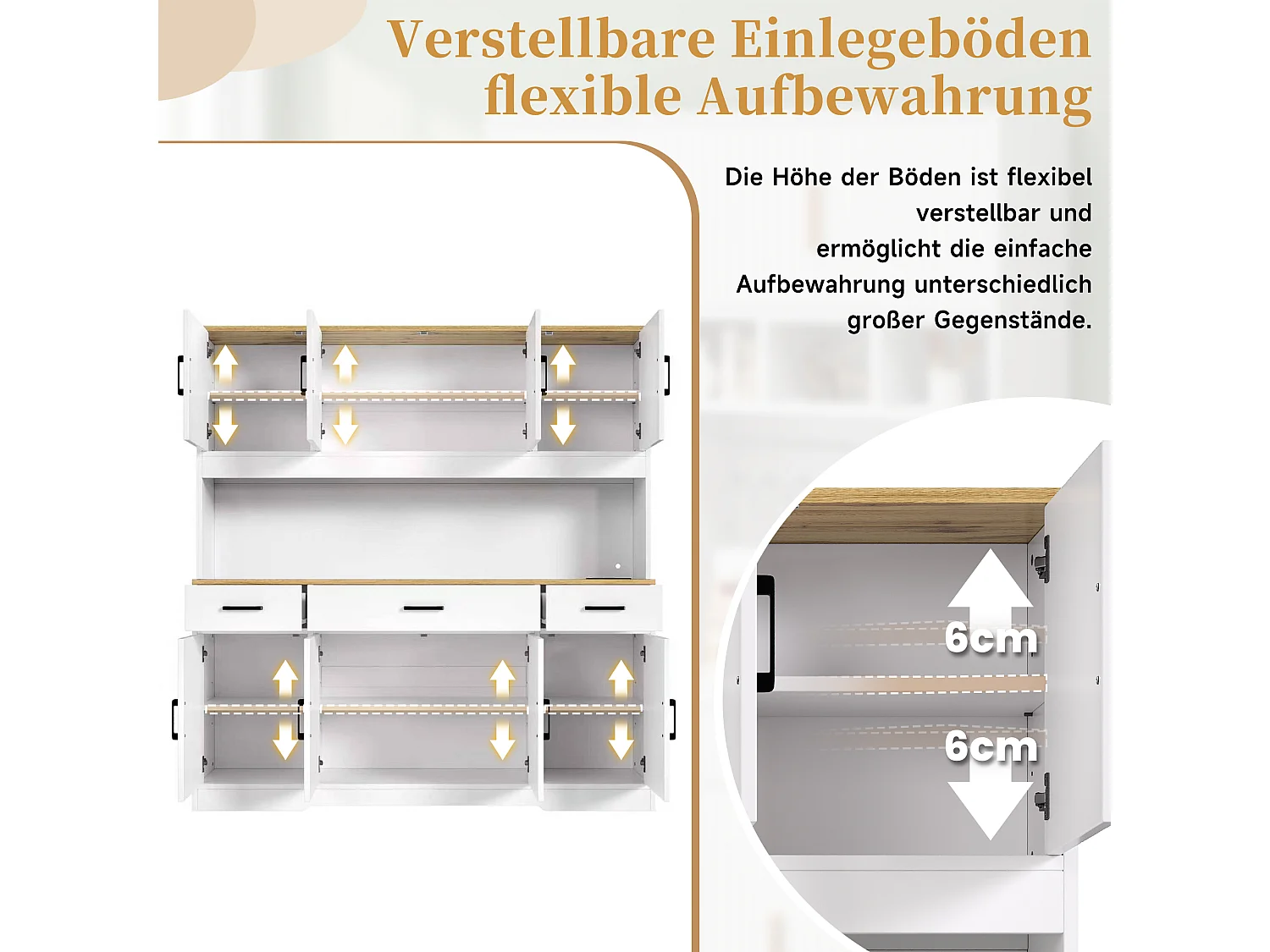 Köksbuffé 150x40x180 cm - med LED och USB-port - 8 dörrar och 3 lådor - 2 vinställ - Vit och ek