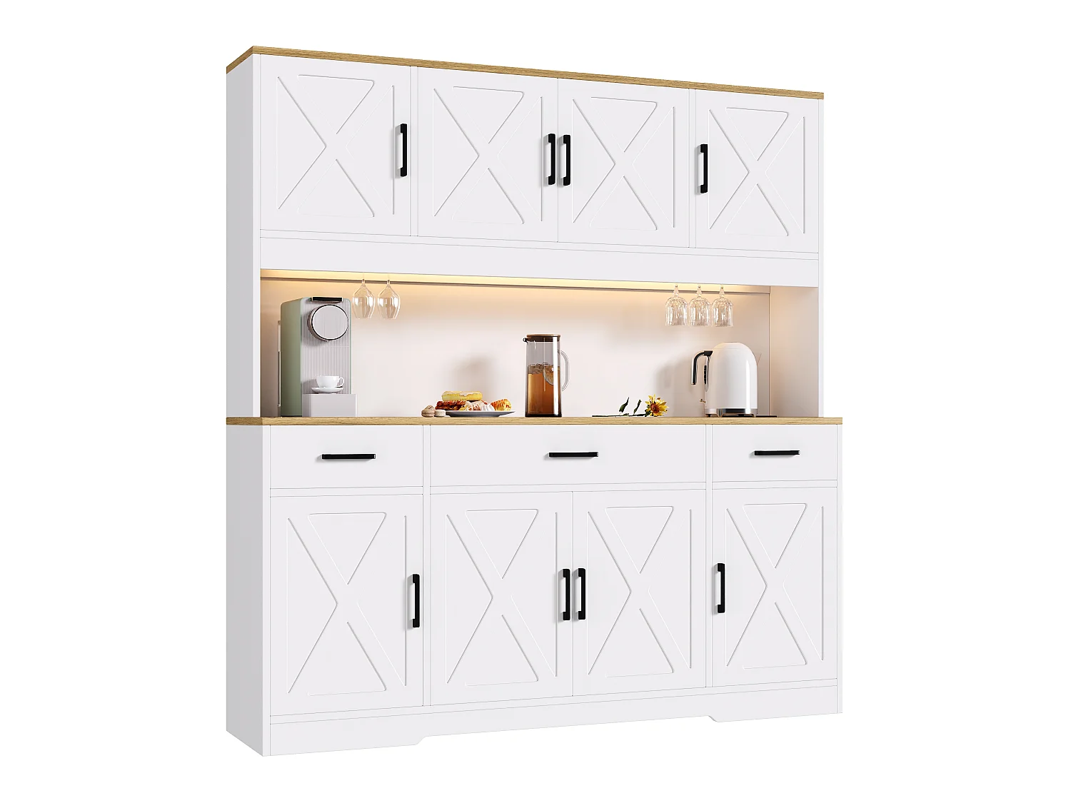 Köksbuffé 150x40x180 cm - med LED och USB-port - 8 dörrar och 3 lådor - 2 vinställ - Vit och ek