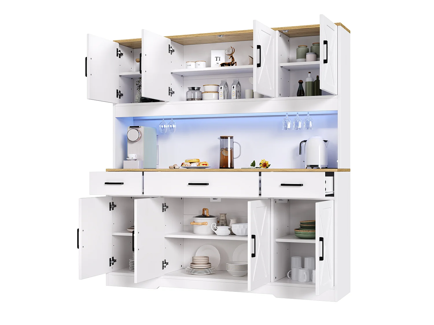 Köksbuffé 150x40x180 cm - med LED och USB-port - 8 dörrar och 3 lådor - 2 vinställ - Vit och ek