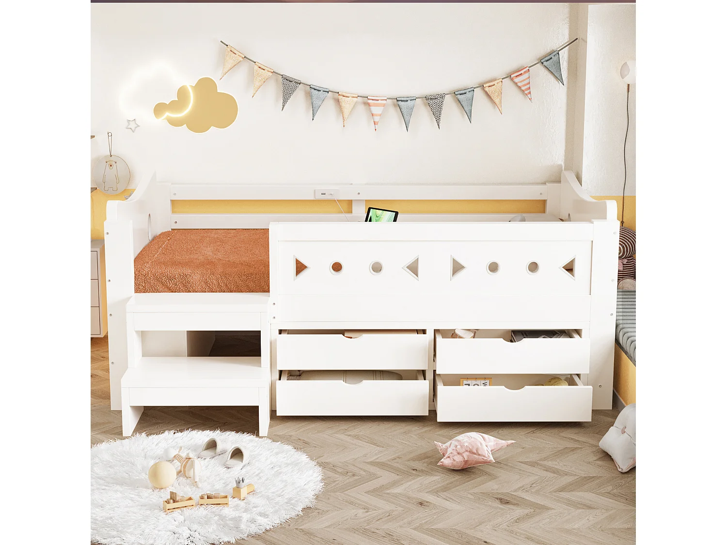 Kinderbed 90 × 200 cm - met 4 laden - met LED-verlichting - met USB + Type-C oplaadpoort - wit (matras niet inbegrepen)