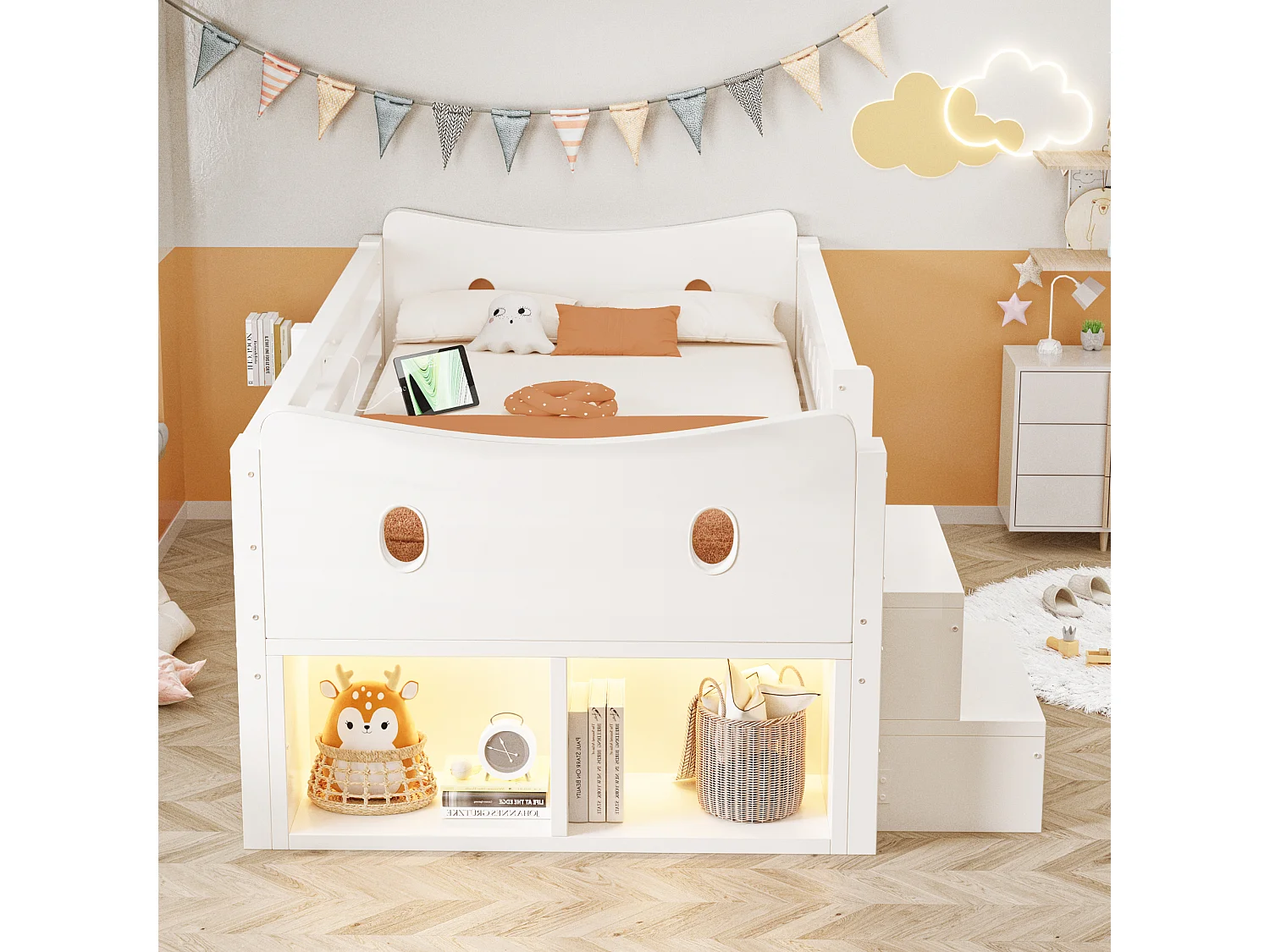 Kinderbed 90 × 200 cm - met 4 laden - met LED-verlichting - met USB + Type-C oplaadpoort - wit (matras niet inbegrepen)
