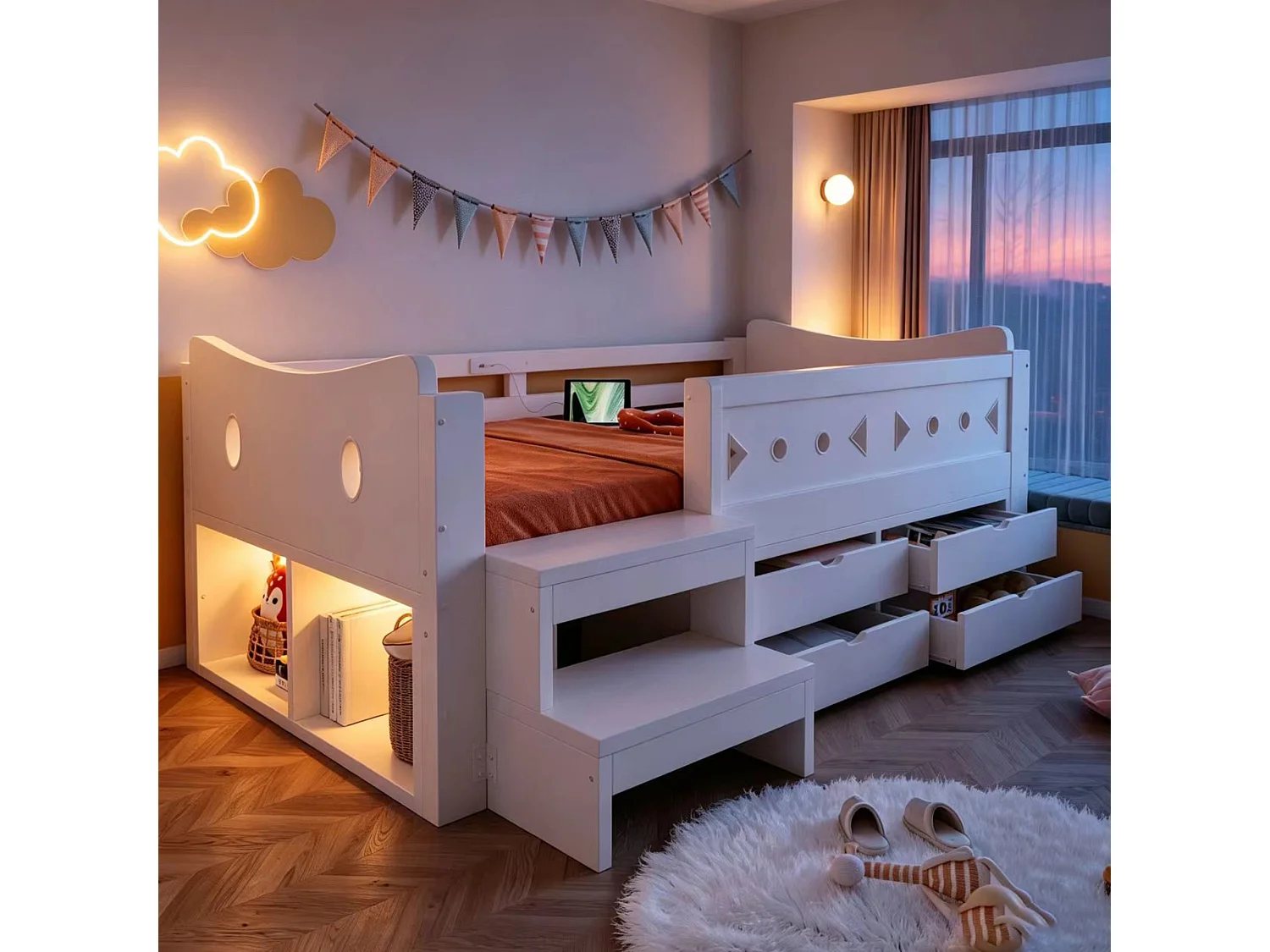 Kinderbed 90 × 200 cm - met 4 laden - met LED-verlichting - met USB + Type-C oplaadpoort - wit (matras niet inbegrepen)