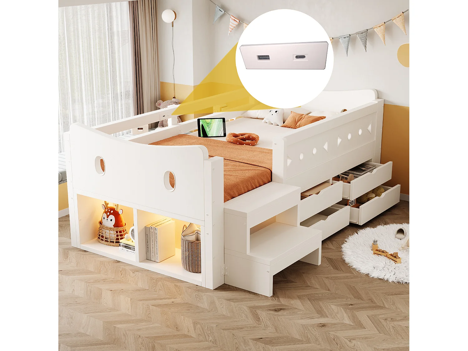 Kinderbed 90 × 200 cm - met 4 laden - met LED-verlichting - met USB + Type-C oplaadpoort - wit (matras niet inbegrepen)