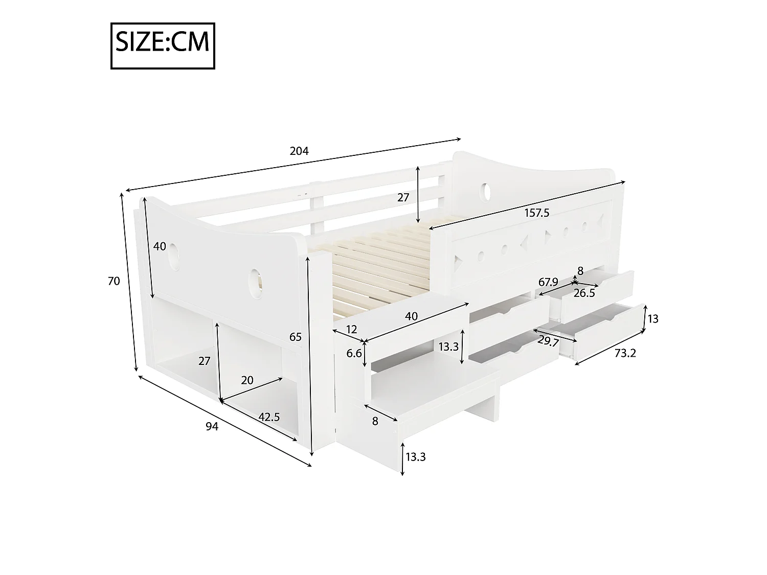 Kinderbed 90 × 200 cm - met 4 laden - met LED-verlichting - met USB + Type-C oplaadpoort - wit (matras niet inbegrepen)