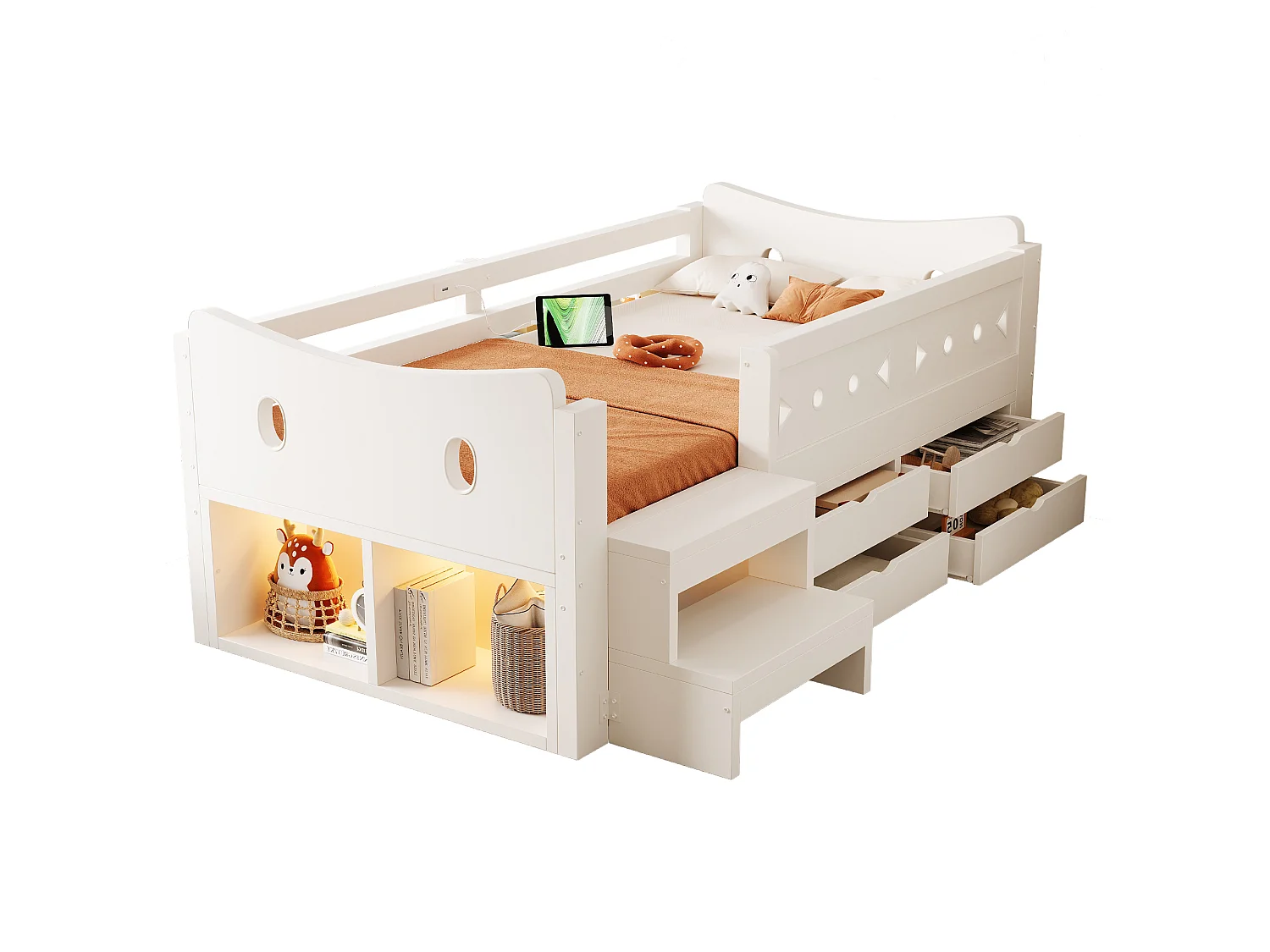Kinderbed 90 × 200 cm - met 4 laden - met LED-verlichting - met USB + Type-C oplaadpoort - wit (matras niet inbegrepen)