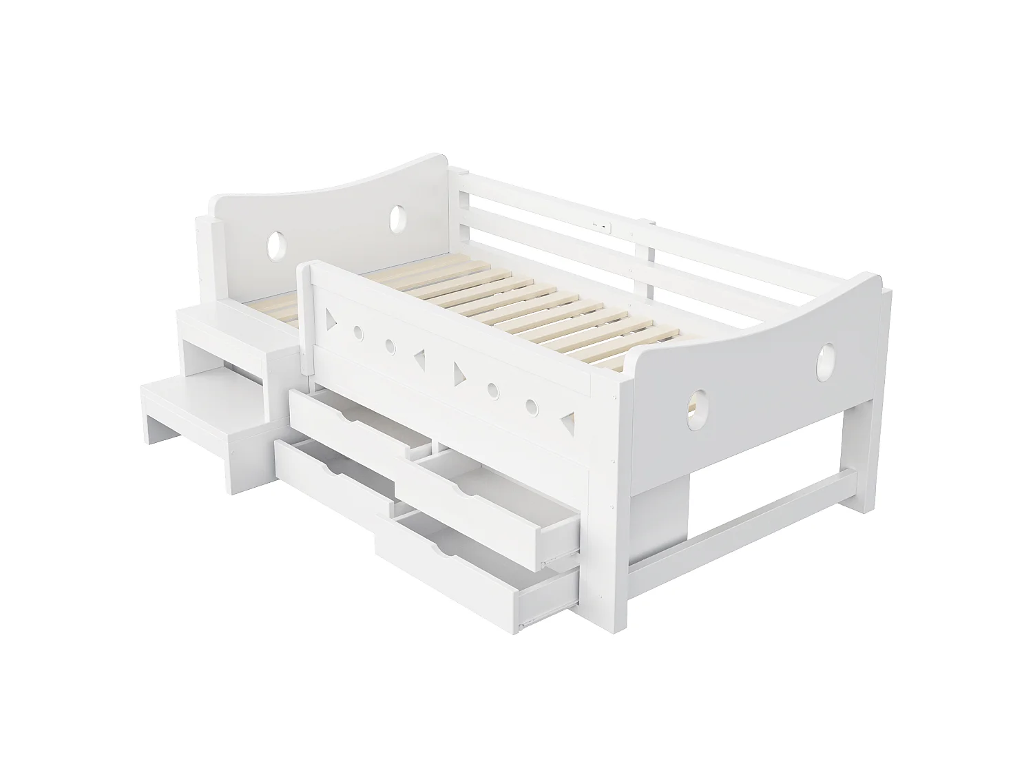 Kinderbed 90 × 200 cm - met 4 laden - met LED-verlichting - met USB + Type-C oplaadpoort - wit (matras niet inbegrepen)
