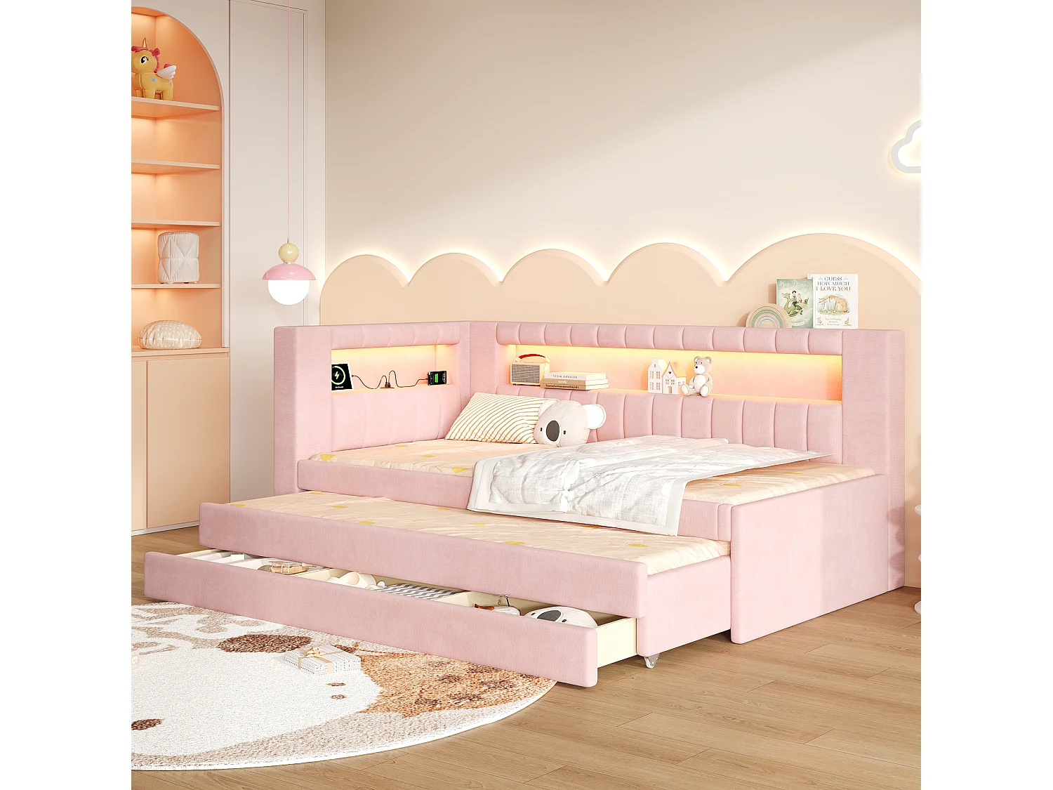 Sofá cama capitoné 90 x 200 cm - con cama nido y 3 cajones - Con puerto USB e iluminación LED - MDF - Rosa (sin colchón)