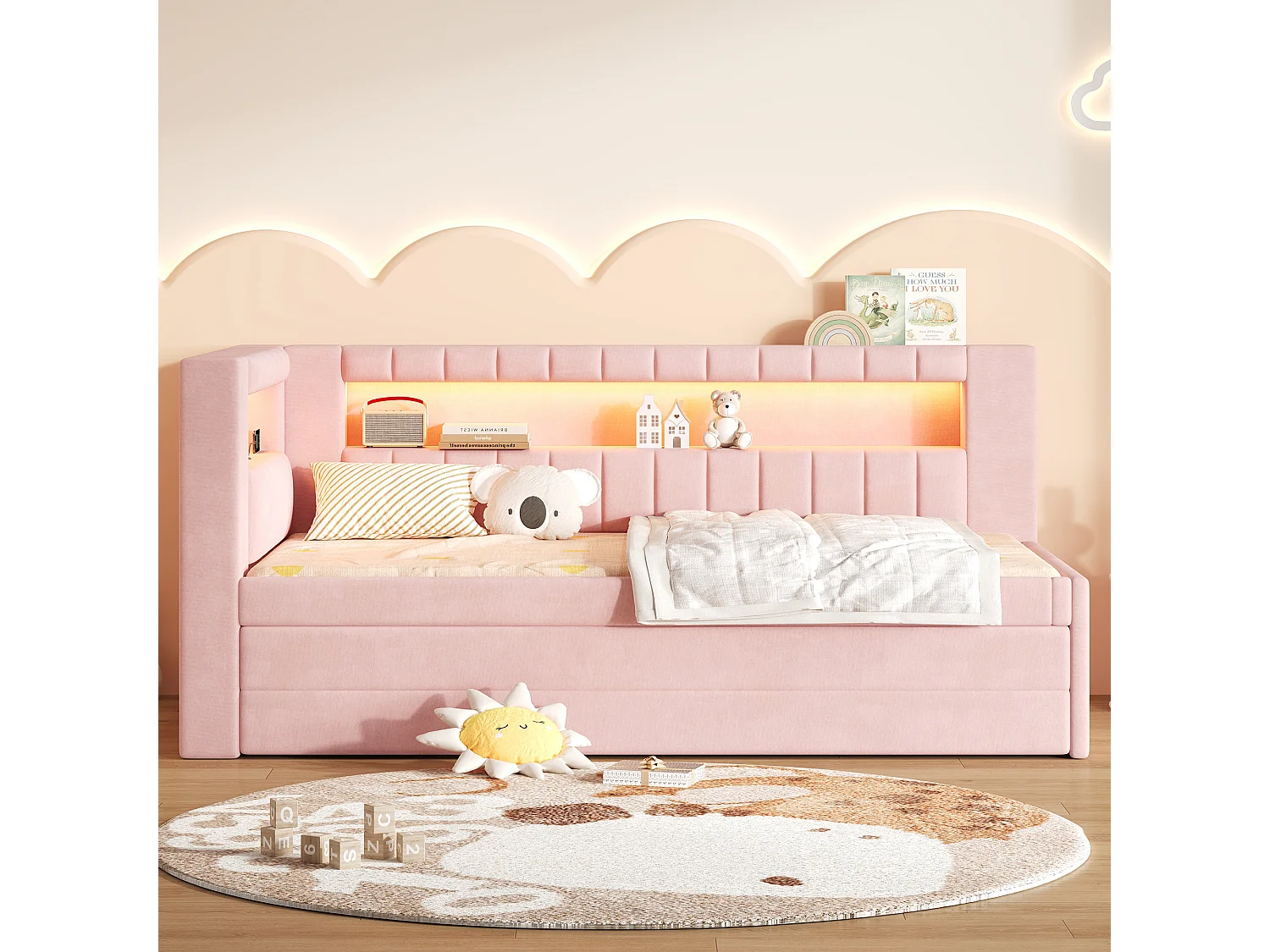 Sofá cama capitoné 90 x 200 cm - con cama nido y 3 cajones - Con puerto USB e iluminación LED - MDF - Rosa (sin colchón)