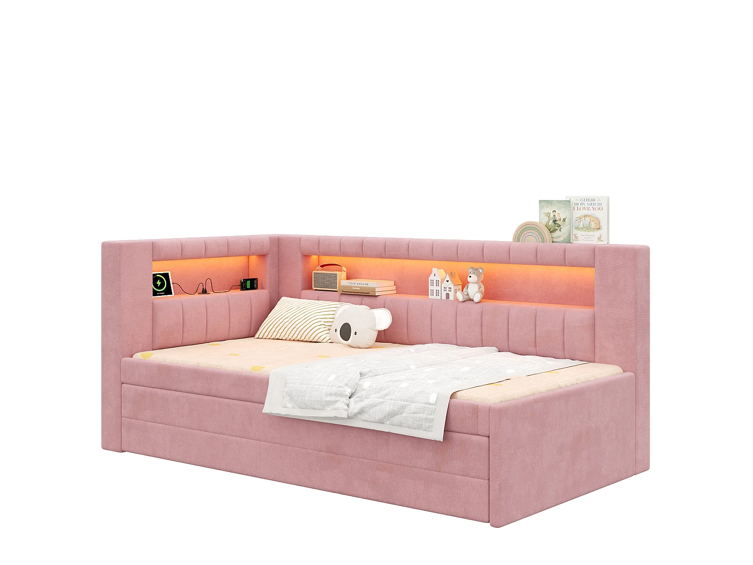 Sofá cama capitoné 90 x 200 cm - con cama nido y 3 cajones - Con puerto USB e iluminación LED - MDF - Rosa (sin colchón)