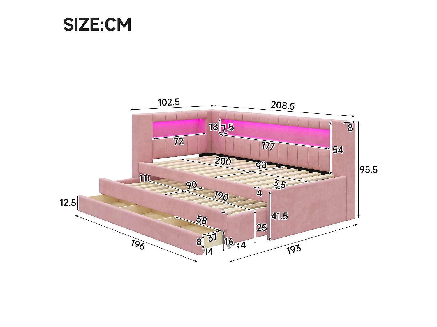Sofá cama capitoné 90 x 200 cm - con cama nido y 3 cajones - Con puerto USB e iluminación LED - MDF - Rosa (sin colchón)