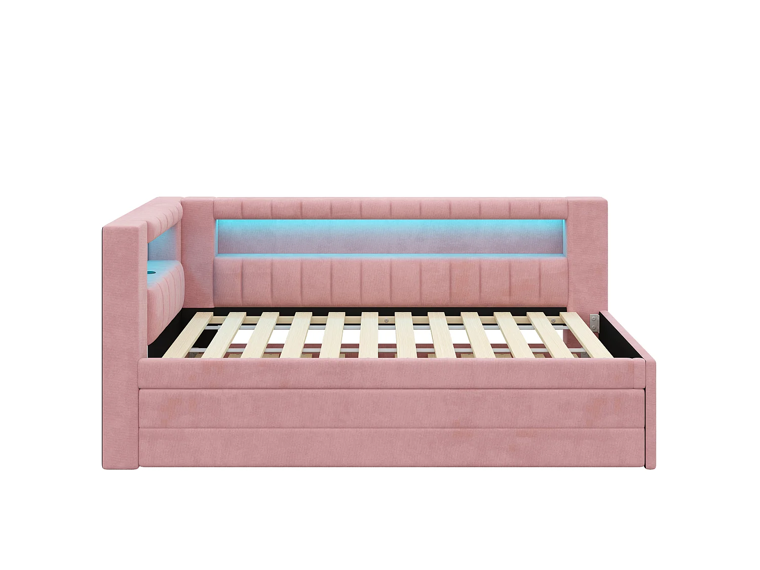 Sofá cama capitoné 90 x 200 cm - con cama nido y 3 cajones - Con puerto USB e iluminación LED - MDF - Rosa (sin colchón)