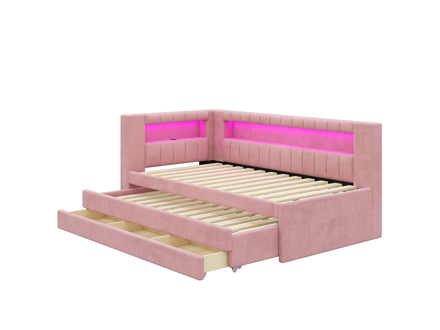 Sofá cama capitoné 90 x 200 cm - con cama nido y 3 cajones - Con puerto USB e iluminación LED - MDF - Rosa (sin colchón)