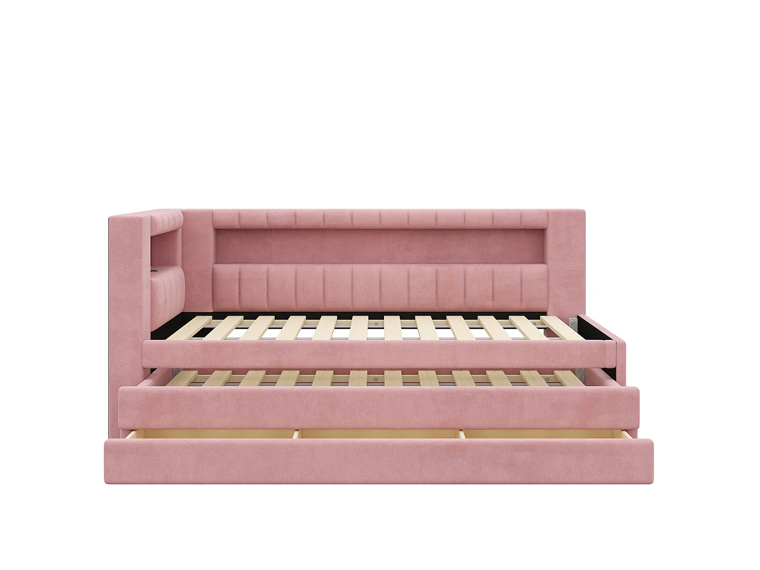 Sofá cama capitoné 90 x 200 cm - con cama nido y 3 cajones - Con puerto USB e iluminación LED - MDF - Rosa (sin colchón)