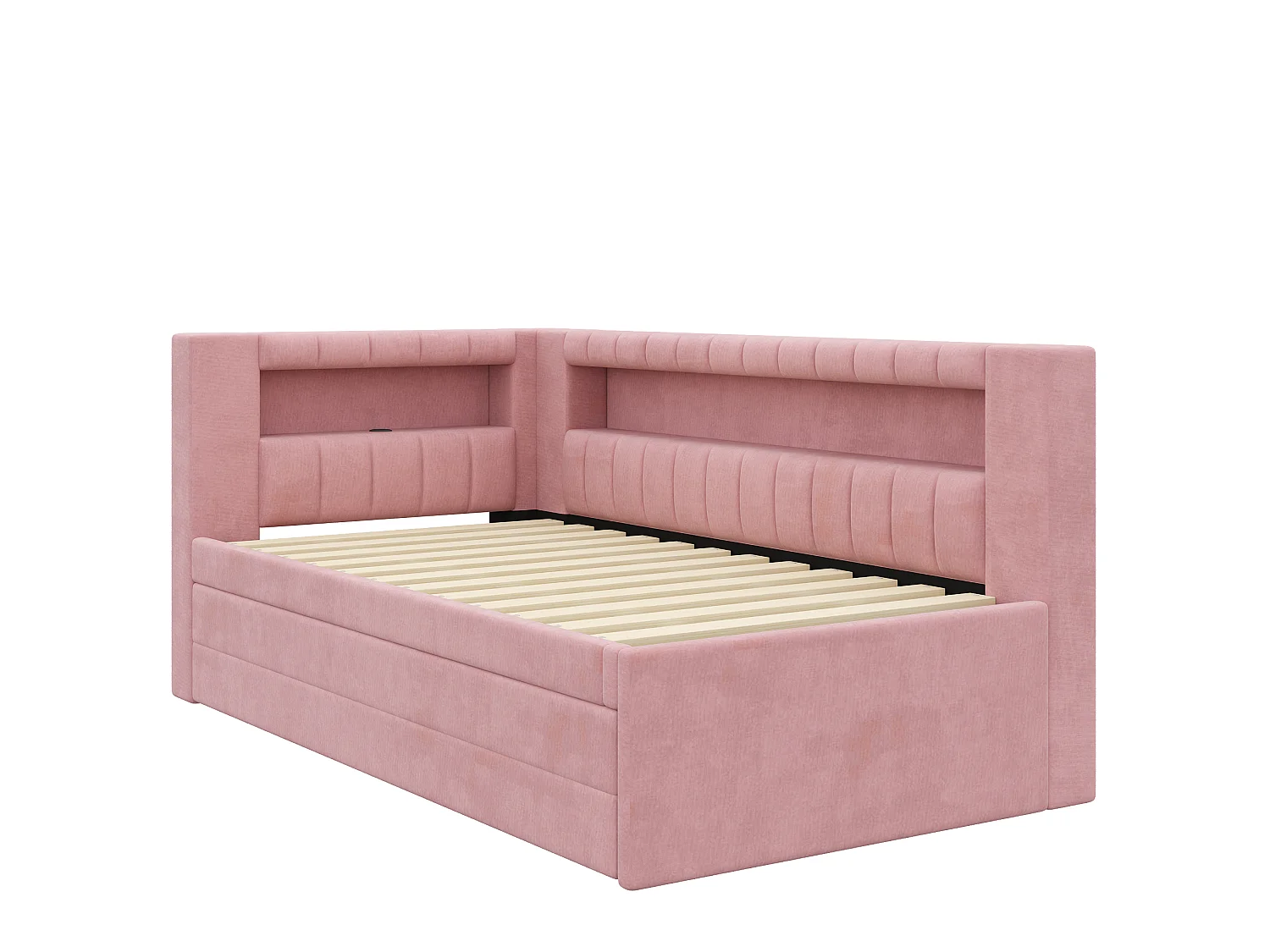 Sofá cama capitoné 90 x 200 cm - con cama nido y 3 cajones - Con puerto USB e iluminación LED - MDF - Rosa (sin colchón)