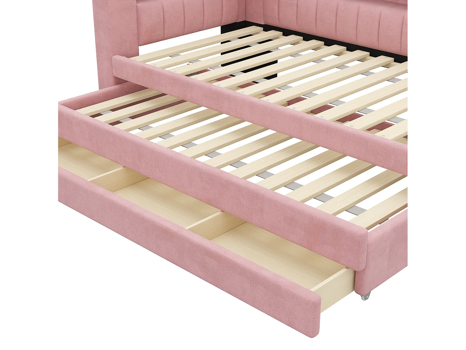 Sofá cama capitoné 90 x 200 cm - con cama nido y 3 cajones - Con puerto USB e iluminación LED - MDF - Rosa (sin colchón)